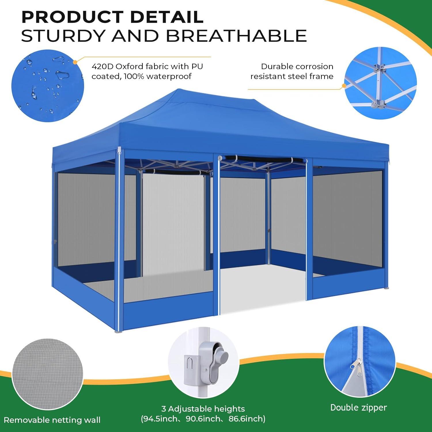 image:imageCOBIZI 10x20 Heavy Duty Pop Up Canopy Tent with 6 Sidewalls Easy Set Up Outdoor Waterproof Screen Commercial Party Tent with Mosquito Netting for Parties Backyard Patio Roller Bag GrayBlue