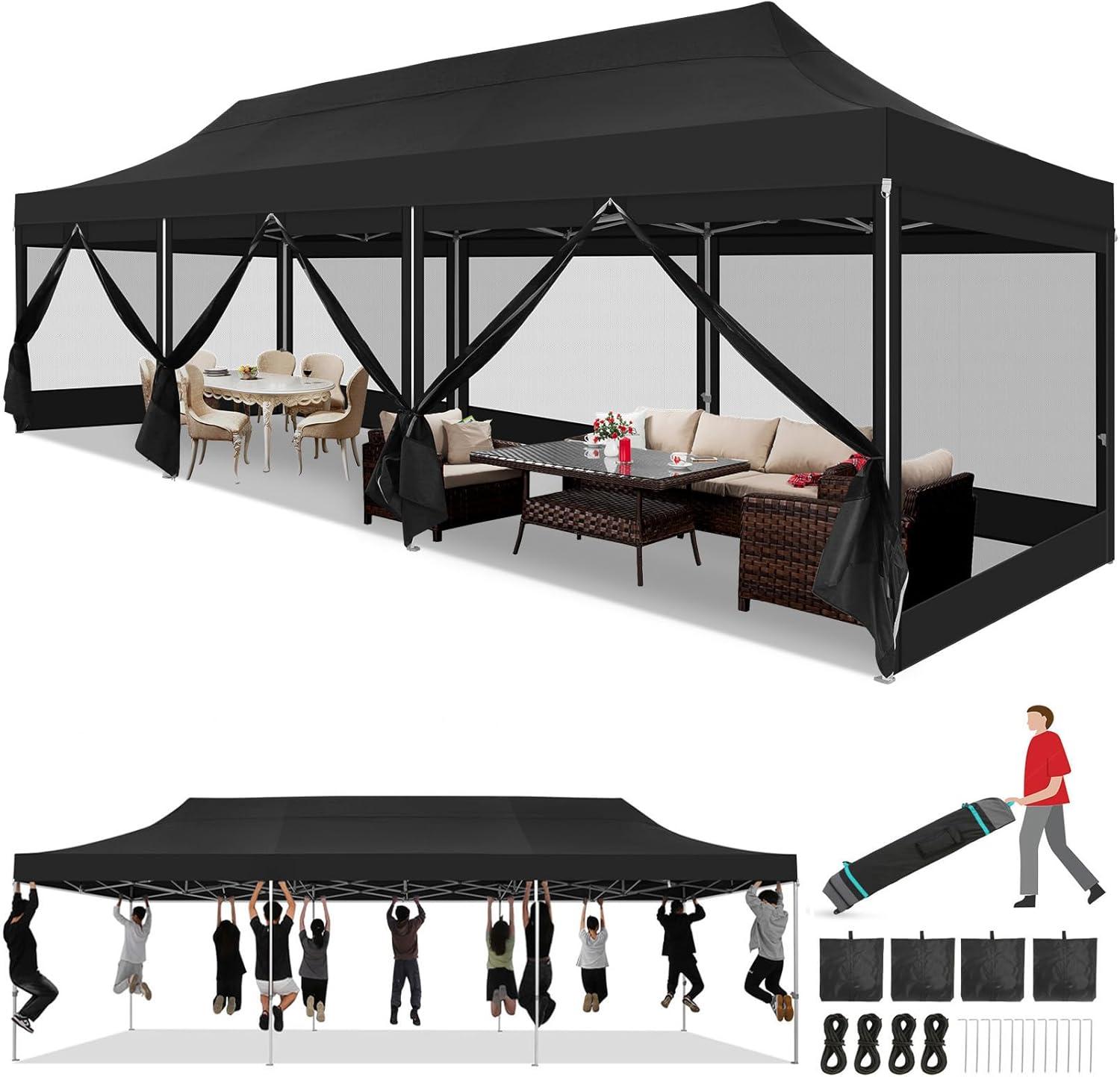 image:imageCOBIZI 10x20 Heavy Duty Pop Up Canopy Tent with 6 Sidewalls Easy Set Up Outdoor Waterproof Screen Commercial Party Tent with Mosquito Netting for Parties Backyard Patio Roller Bag GrayJet Black