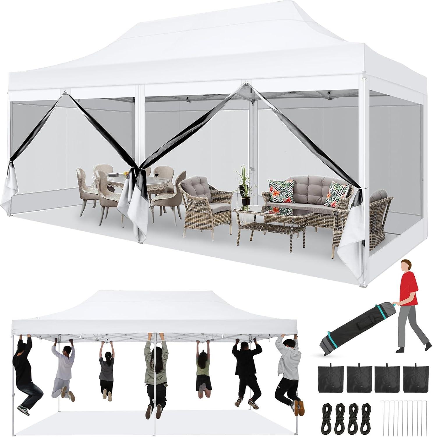 image:imageCOBIZI 10x20 Heavy Duty Pop Up Canopy Tent with 6 Sidewalls Easy Set Up Outdoor Waterproof Screen Commercial Party Tent with Mosquito Netting for Parties Backyard Patio Roller Bag GrayWhite