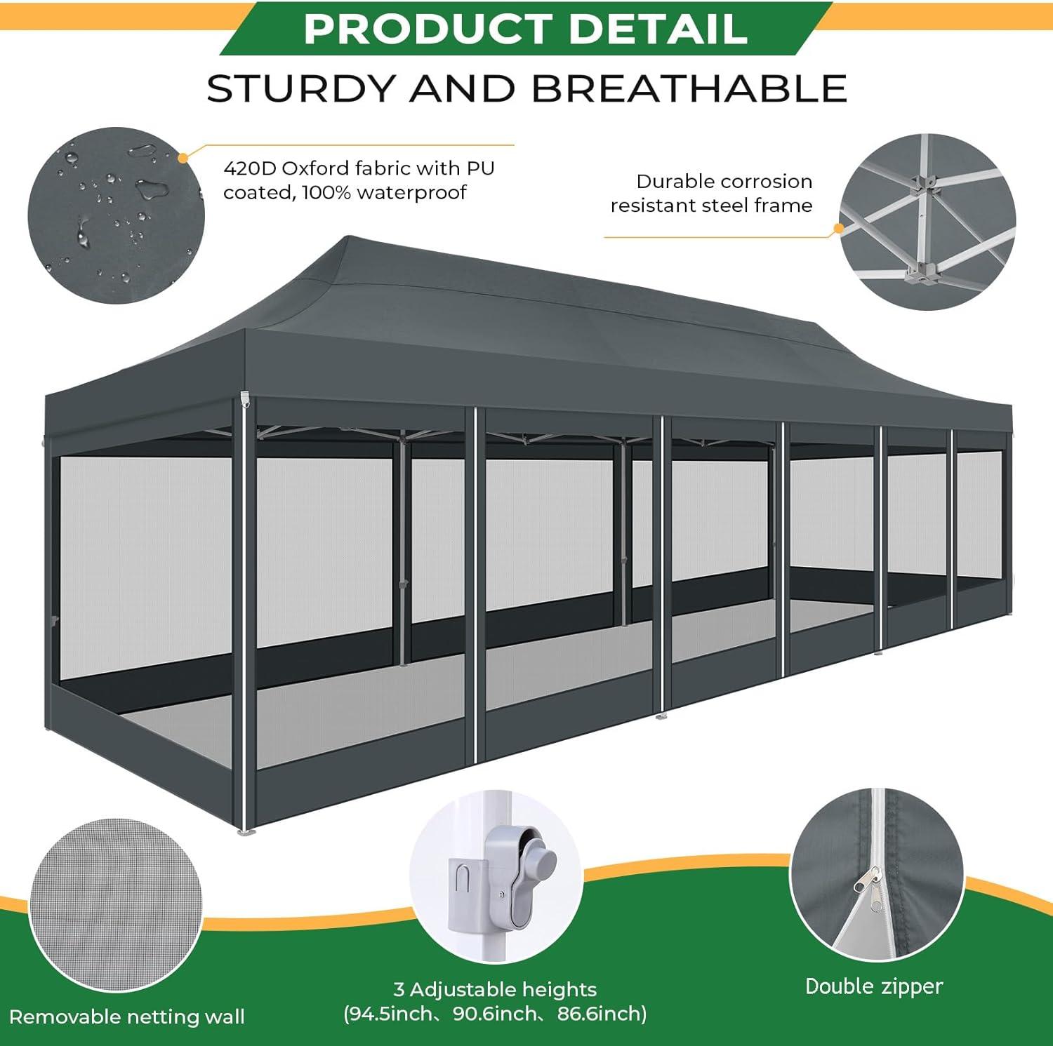 image:imageCOBIZI 10x20 Heavy Duty Pop Up Canopy Tent with 6 Sidewalls Easy Set Up Outdoor Waterproof Screen Commercial Party Tent with Mosquito Netting for Parties Backyard Patio Roller Bag GrayGray