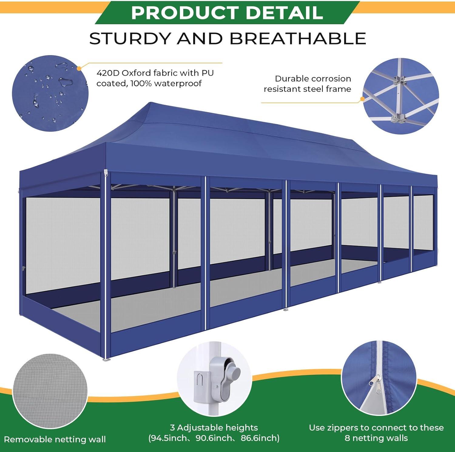 image:imageCOBIZI 10x20 Heavy Duty Pop Up Canopy Tent with 6 Sidewalls Easy Set Up Outdoor Waterproof Screen Commercial Party Tent with Mosquito Netting for Parties Backyard Patio Roller Bag GrayDark Blue