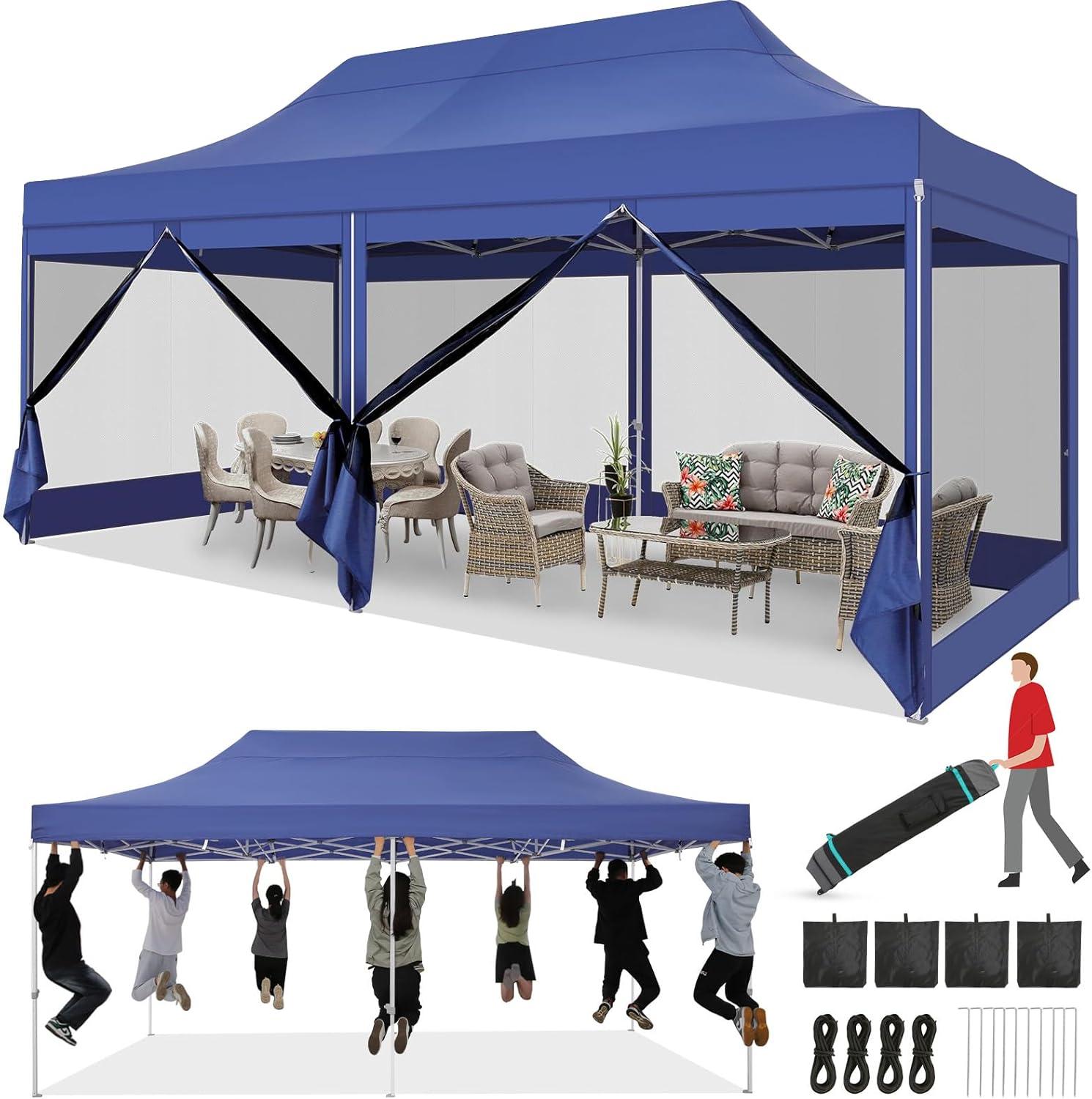 image:imageCOBIZI 10x20 Heavy Duty Pop Up Canopy Tent with 6 Sidewalls Easy Set Up Outdoor Waterproof Screen Commercial Party Tent with Mosquito Netting for Parties Backyard Patio Roller Bag GrayDark Blue