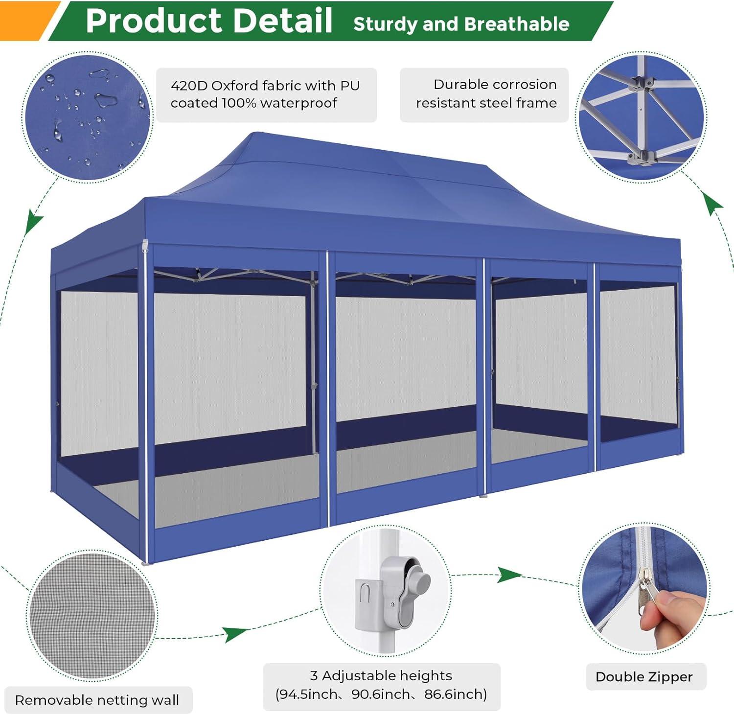 image:imageCOBIZI 10x20 Heavy Duty Pop Up Canopy Tent with 6 Sidewalls Easy Set Up Outdoor Waterproof Screen Commercial Party Tent with Mosquito Netting for Parties Backyard Patio Roller Bag GrayDark Blue