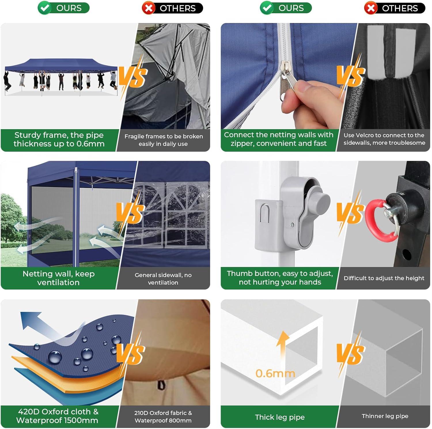 image:imageCOBIZI 10x20 Heavy Duty Pop Up Canopy Tent with 6 Sidewalls Easy Set Up Outdoor Waterproof Screen Commercial Party Tent with Mosquito Netting for Parties Backyard Patio Roller Bag GrayDark Blue