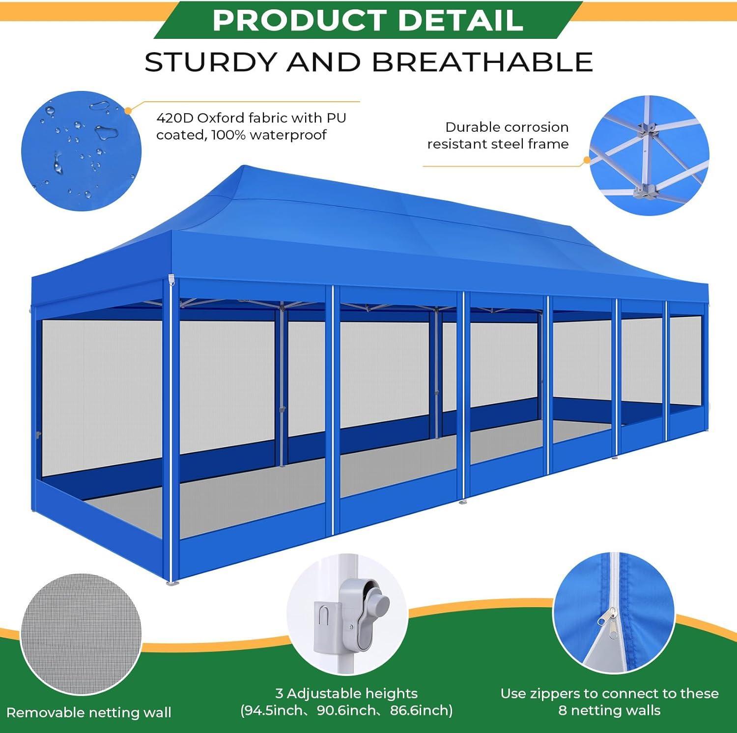 image:imageCOBIZI 10x20 Heavy Duty Pop Up Canopy Tent with 6 Sidewalls Easy Set Up Outdoor Waterproof Screen Commercial Party Tent with Mosquito Netting for Parties Backyard Patio Roller Bag GrayBlue