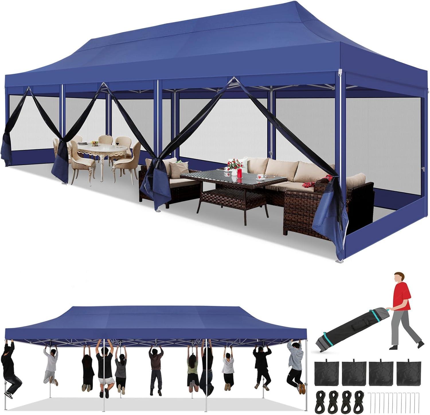 image:imageCOBIZI 10x20 Heavy Duty Pop Up Canopy Tent with 6 Sidewalls Easy Set Up Outdoor Waterproof Screen Commercial Party Tent with Mosquito Netting for Parties Backyard Patio Roller Bag GrayDark Blue