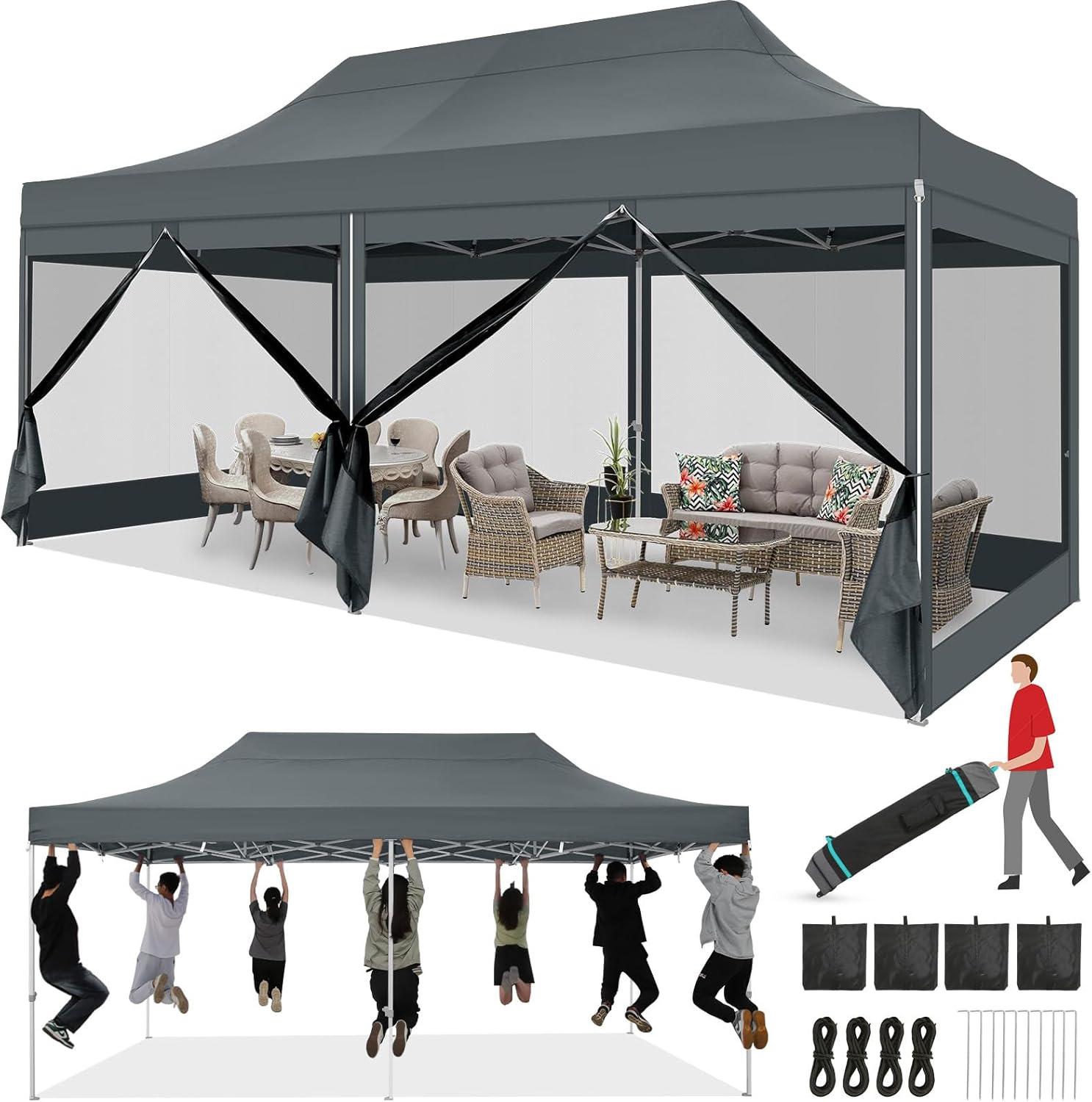 image:imageCOBIZI 10x20 Heavy Duty Pop Up Canopy Tent with 6 Sidewalls Easy Set Up Outdoor Waterproof Screen Commercial Party Tent with Mosquito Netting for Parties Backyard Patio Roller Bag GrayGray