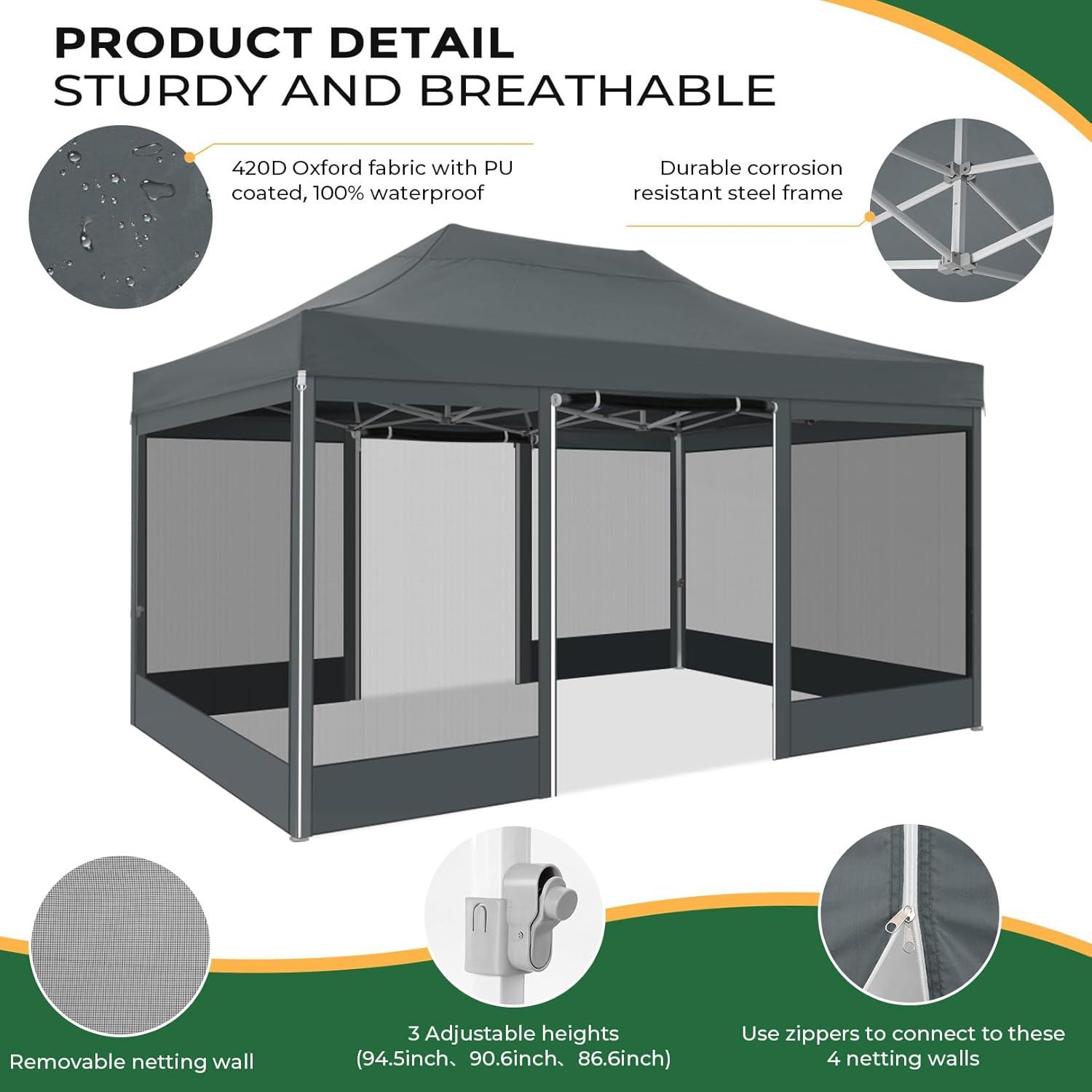 image:imageCOBIZI 10x20 Heavy Duty Pop Up Canopy Tent with 6 Sidewalls Easy Set Up Outdoor Waterproof Screen Commercial Party Tent with Mosquito Netting for Parties Backyard Patio Roller Bag GrayDark grey
