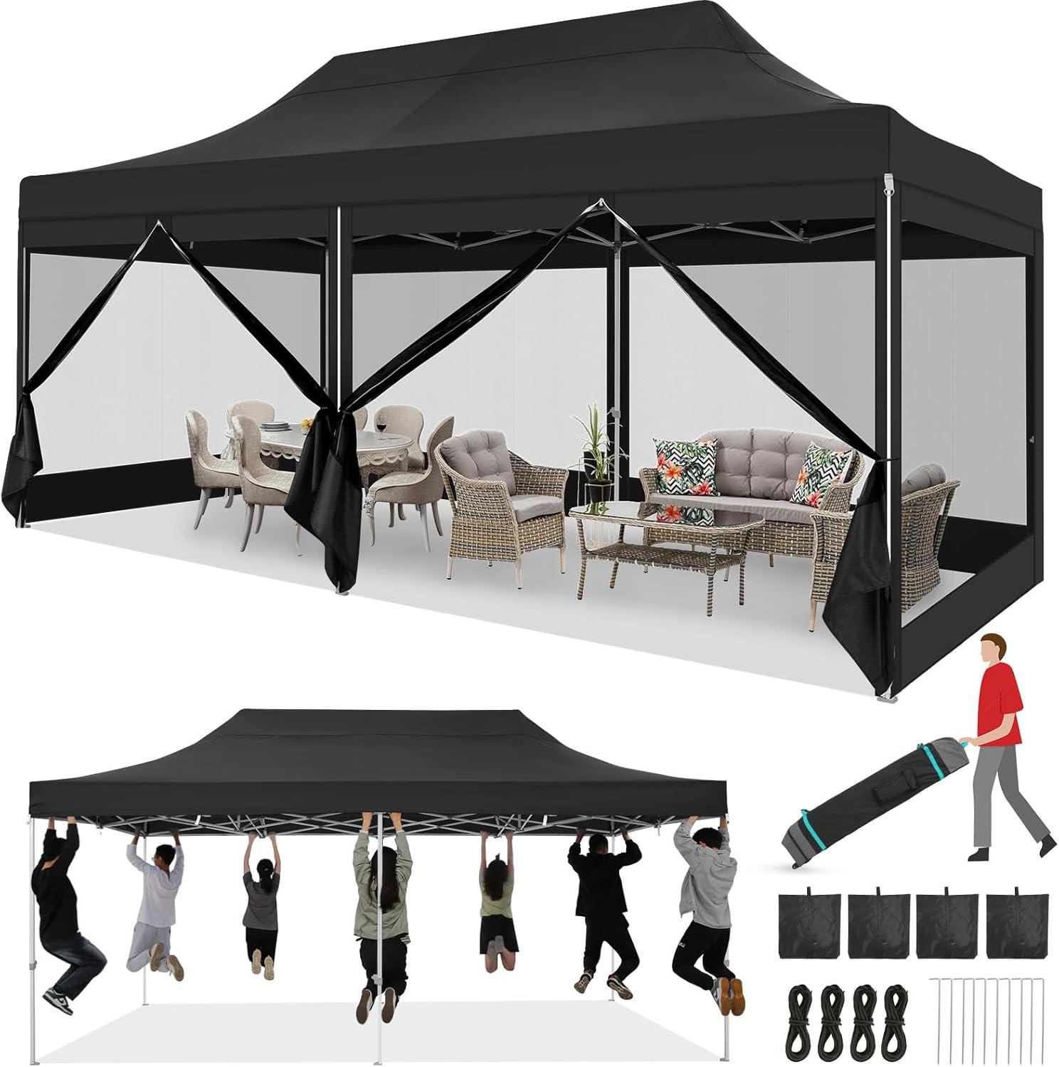 image:imageCOBIZI 10x20 Heavy Duty Pop Up Canopy Tent with 6 Sidewalls Easy Set Up Outdoor Waterproof Screen Commercial Party Tent with Mosquito Netting for Parties Backyard Patio Roller Bag GrayBlack