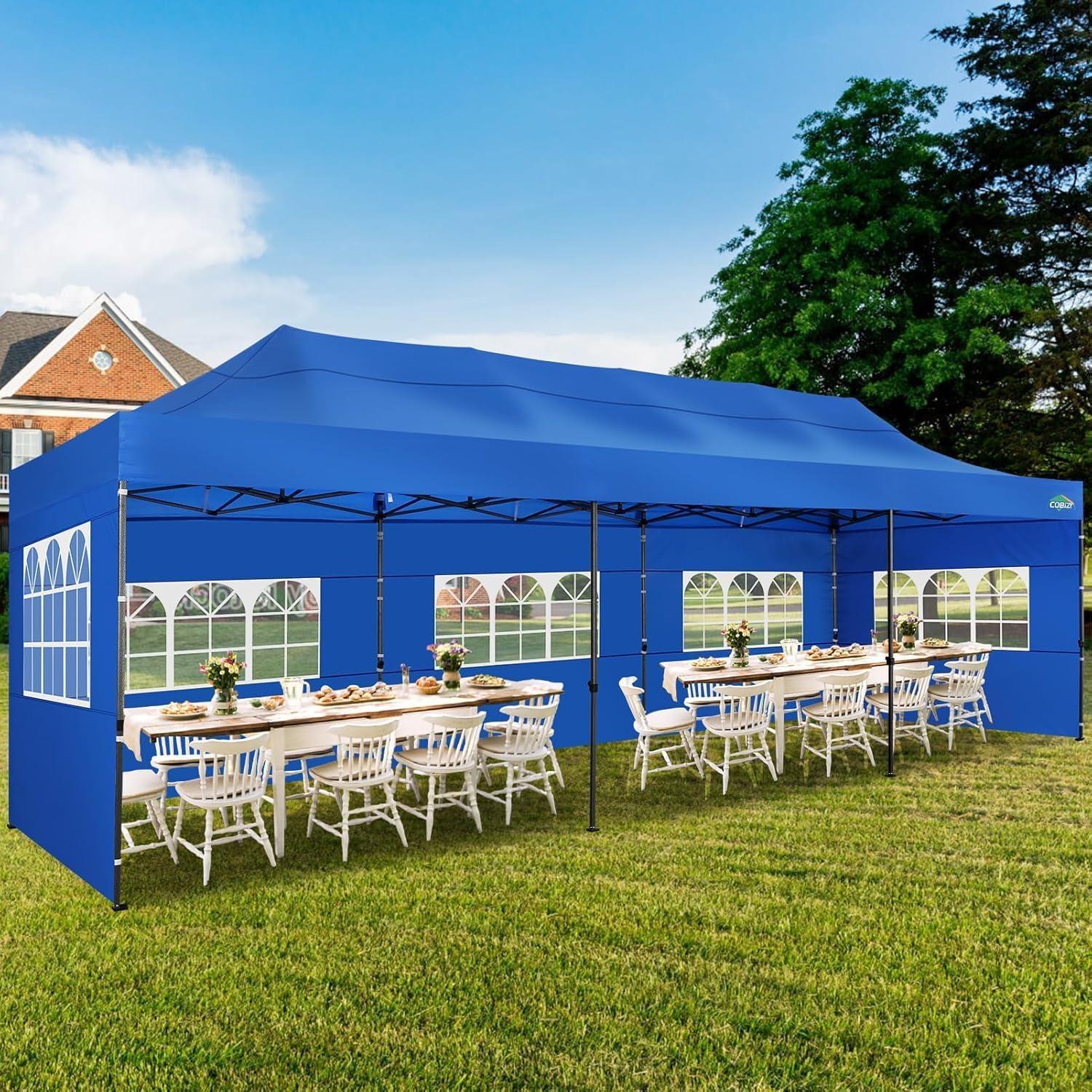 image:imageCOBIZI 10x20 Heavy Duty Pop up Canopy Tent with 6 sidewalls Easy Up Commercial Outdoor Canopy Wedding Party Tents for Parties All Season Wind amp Waterproof Gazebo with Roller BagGreyFrame ThickenedBlue