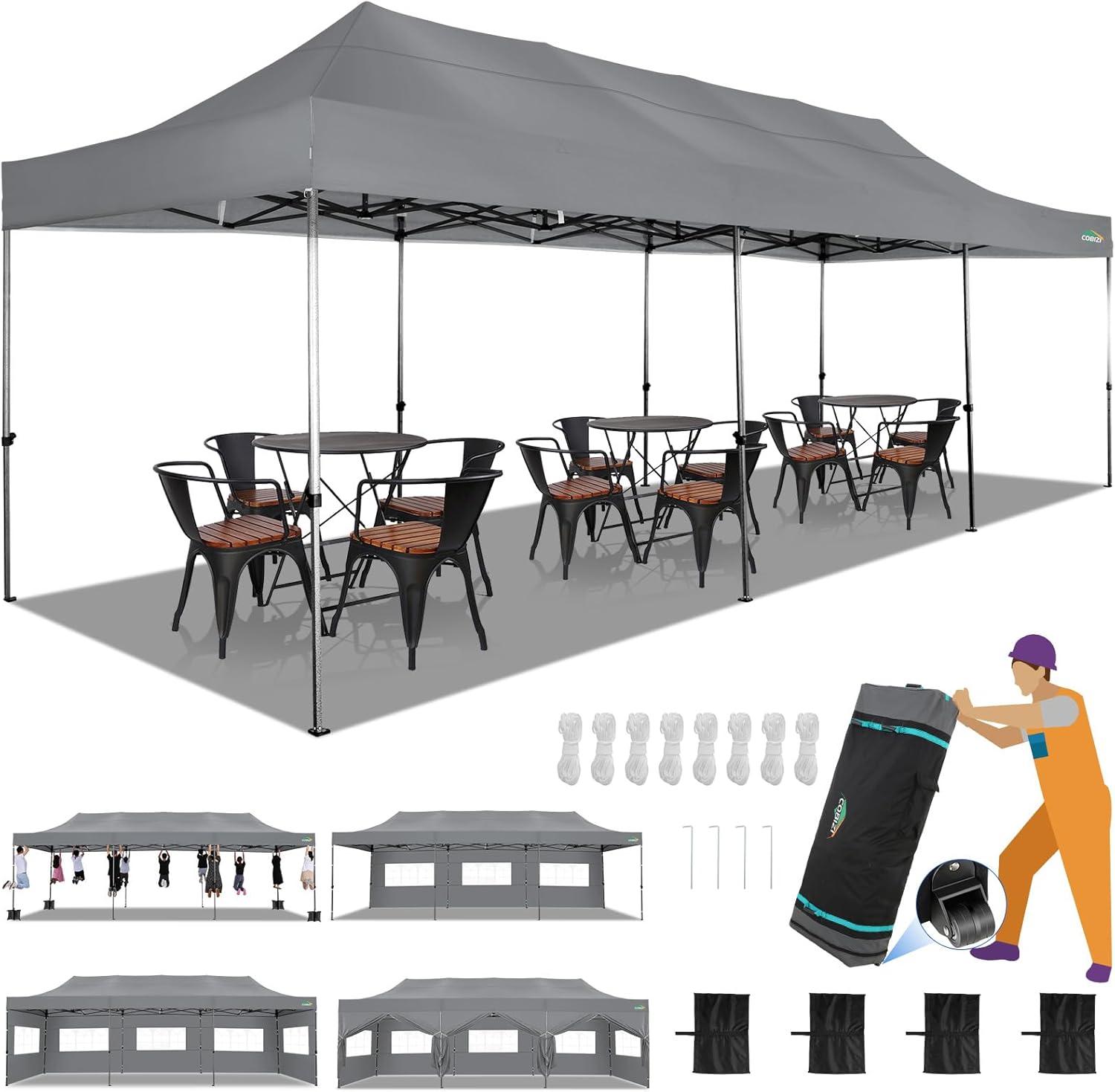 image:imageCOBIZI 10x20 Heavy Duty Pop up Canopy Tent with 6 sidewalls Easy Up Commercial Outdoor Canopy Wedding Party Tents for Parties All Season Wind amp Waterproof Gazebo with Roller BagGreyFrame ThickenedGray