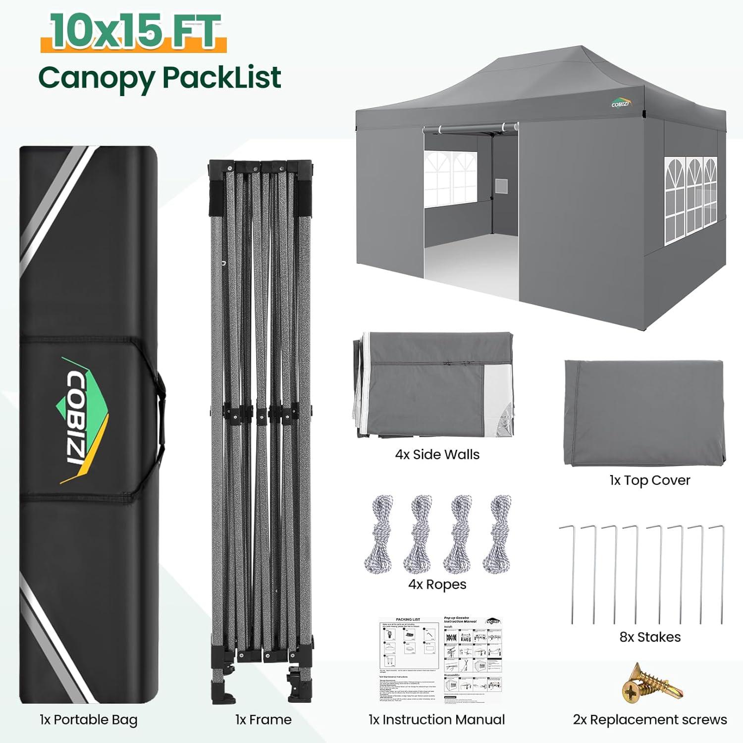 image:imageCOBIZI 10x20 Heavy Duty Pop up Canopy Tent with 6 sidewalls Easy Up Commercial Outdoor Canopy Wedding Party Tents for Parties All Season Wind amp Waterproof Gazebo with Roller BagGreyFrame ThickenedGray