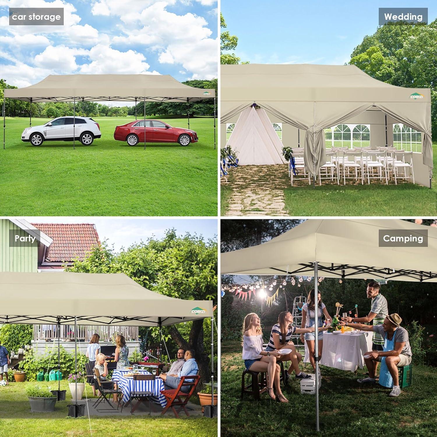 image:imageCOBIZI 10x20 Heavy Duty Pop up Canopy Tent with 6 sidewalls Easy Up Commercial Outdoor Canopy Wedding Party Tents for Parties All Season Wind amp Waterproof Gazebo with Roller BagGreyFrame ThickenedKhaki