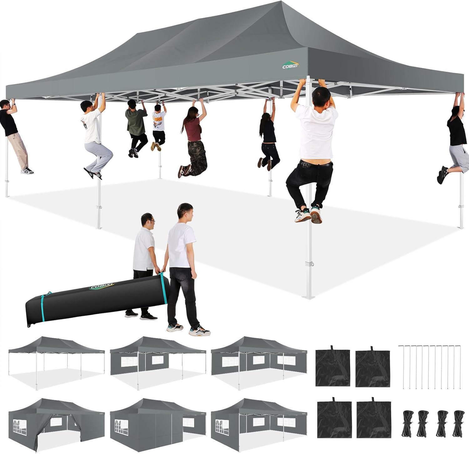 image:imageCOBIZI 10x20 Heavy Duty Pop up Canopy Tent with 6 sidewalls Easy Up Commercial Outdoor Canopy Wedding Party Tents for Parties All Season Wind amp Waterproof Gazebo with Roller BagGreyFrame ThickenedGray