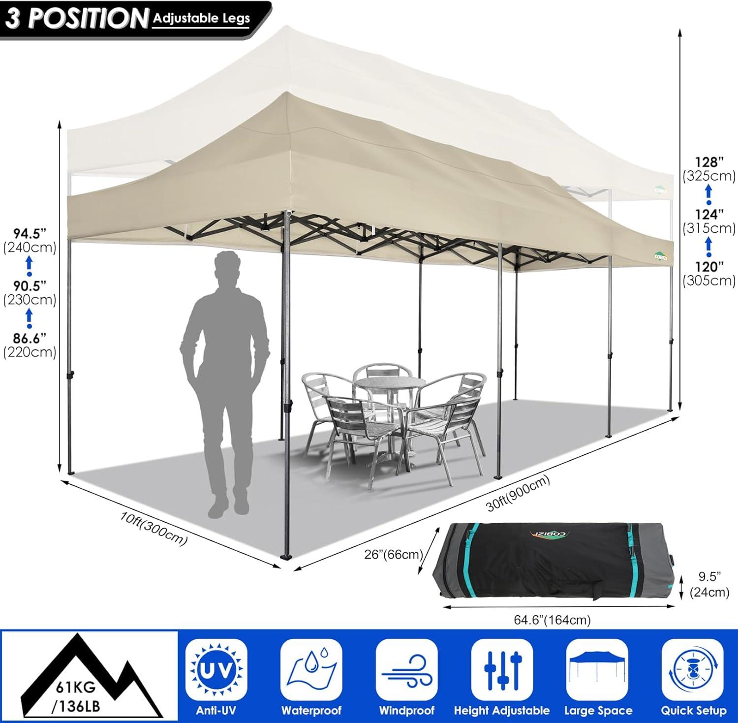 image:imageCOBIZI 10x20 Heavy Duty Pop up Canopy Tent with 6 sidewalls Easy Up Commercial Outdoor Canopy Wedding Party Tents for Parties All Season Wind amp Waterproof Gazebo with Roller BagGreyFrame ThickenedKhaki