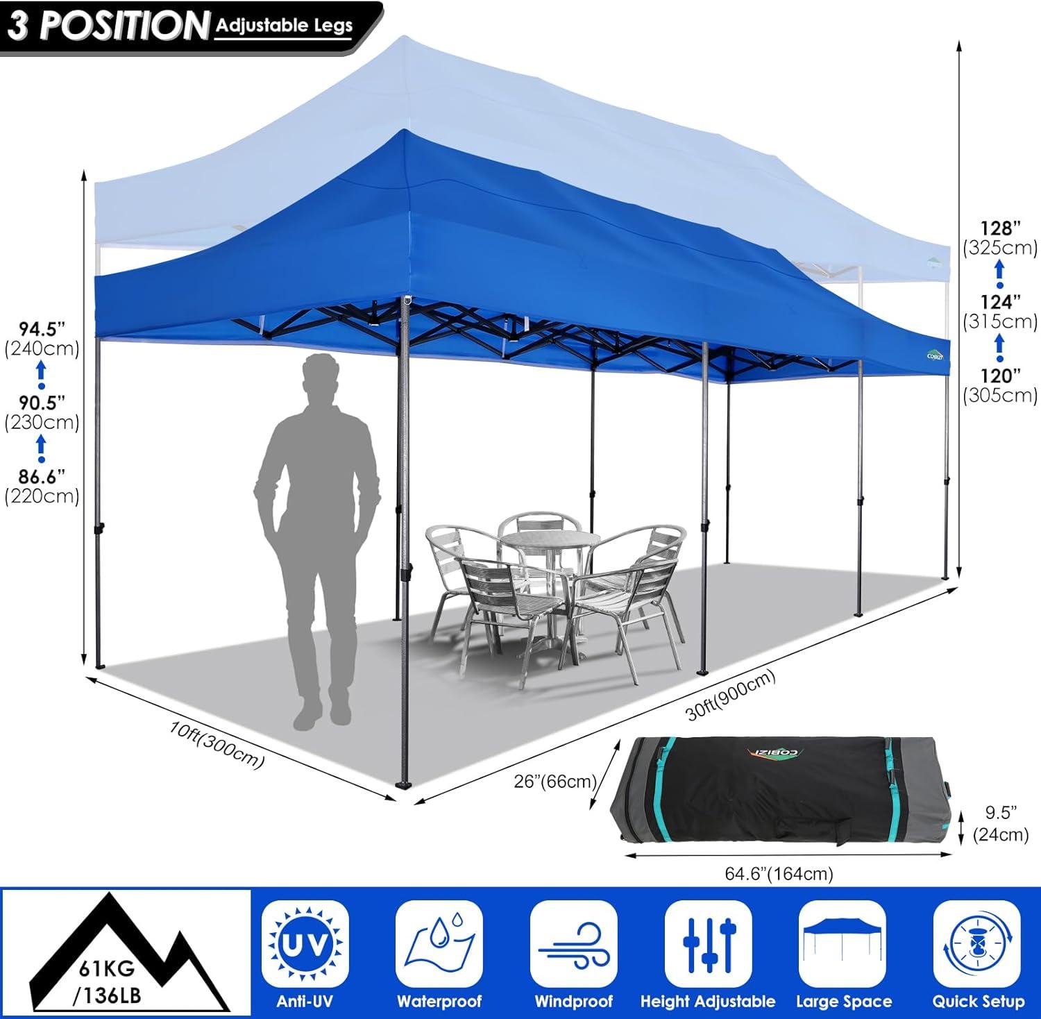 image:imageCOBIZI 10x20 Heavy Duty Pop up Canopy Tent with 6 sidewalls Easy Up Commercial Outdoor Canopy Wedding Party Tents for Parties All Season Wind amp Waterproof Gazebo with Roller BagGreyFrame ThickenedBlue