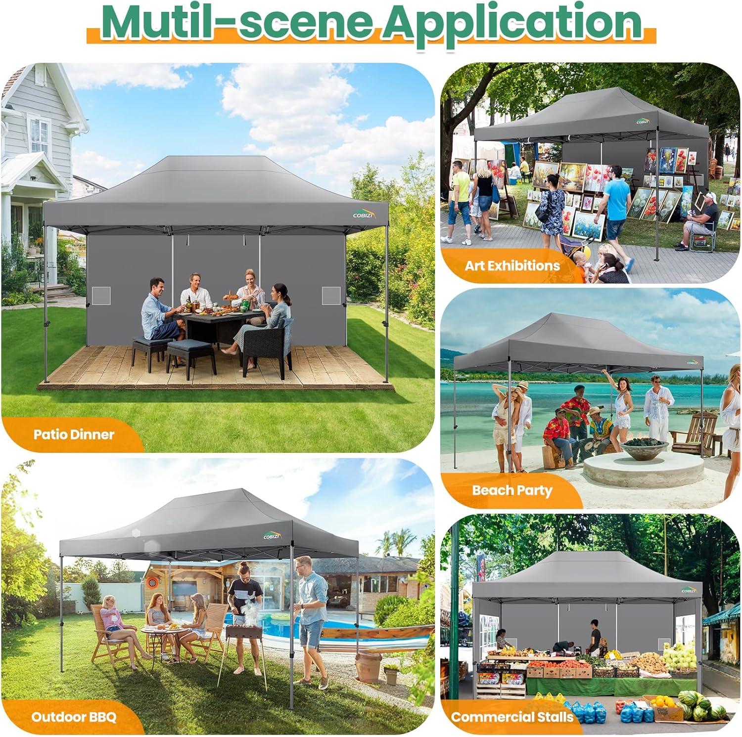 image:imageCOBIZI 10x20 Heavy Duty Pop up Canopy Tent with 6 sidewalls Easy Up Commercial Outdoor Canopy Wedding Party Tents for Parties All Season Wind amp Waterproof Gazebo with Roller BagGreyFrame ThickenedGray