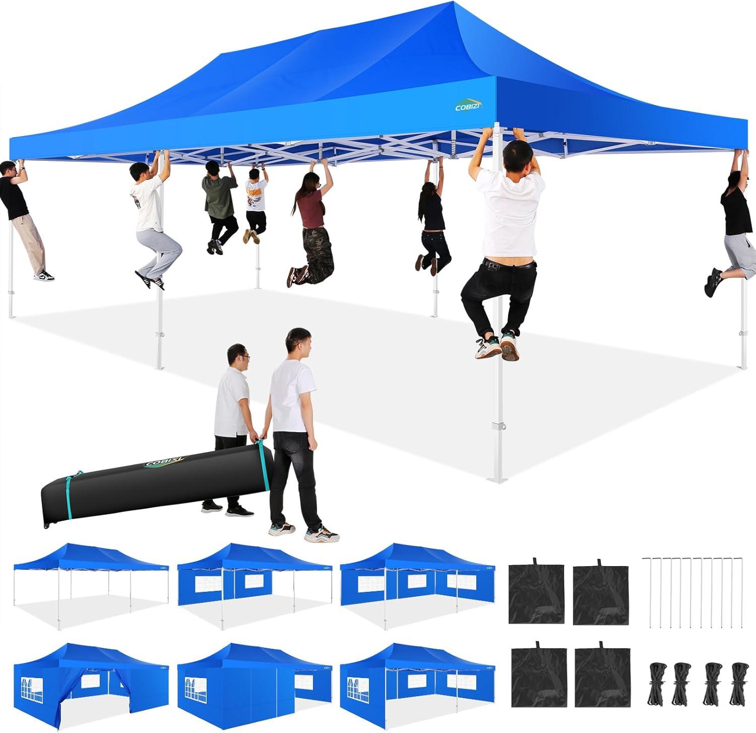 image:imageCOBIZI 10x20 Heavy Duty Pop up Canopy Tent with 6 sidewalls Easy Up Commercial Outdoor Canopy Wedding Party Tents for Parties All Season Wind amp Waterproof Gazebo with Roller BagGreyFrame ThickenedBlue