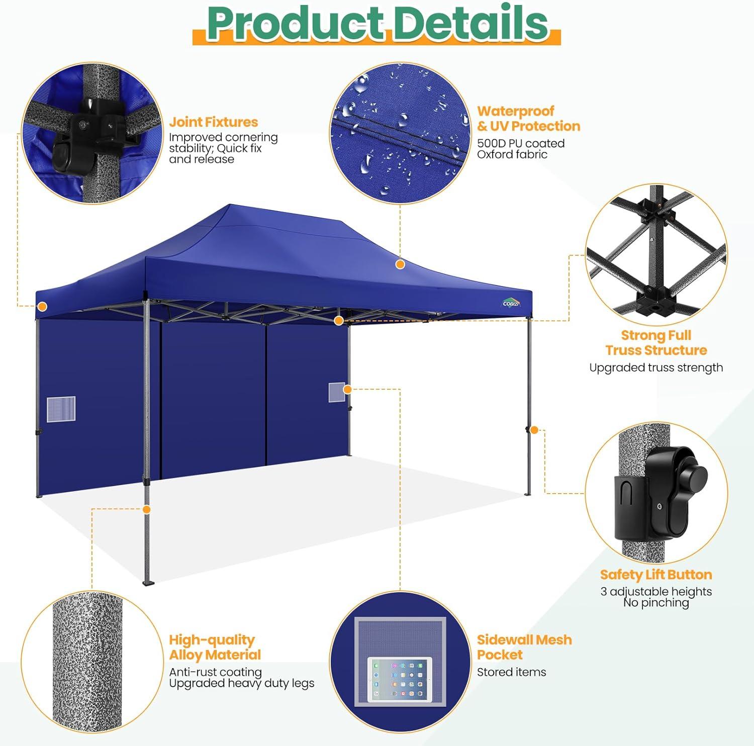 image:imageCOBIZI 10x20 Heavy Duty Pop up Canopy Tent with 6 sidewalls Easy Up Commercial Outdoor Canopy Wedding Party Tents for Parties All Season Wind amp Waterproof Gazebo with Roller BagGreyFrame ThickenedDark Blue