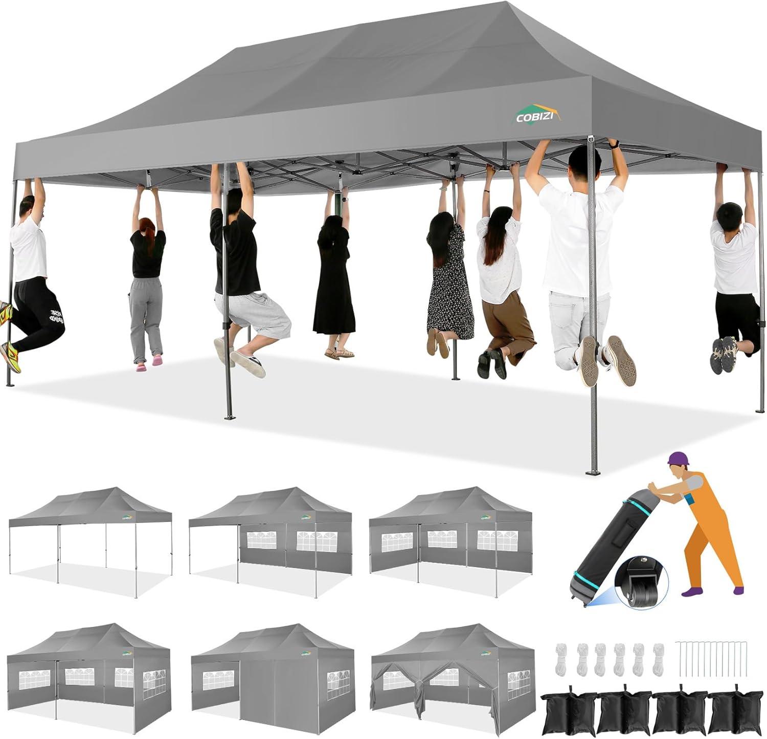 image:imageCOBIZI 10x20 Heavy Duty Pop up Canopy Tent with 6 sidewalls Easy Up Commercial Outdoor Canopy Wedding Party Tents for Parties All Season Wind amp Waterproof Gazebo with Roller BagGreyFrame ThickenedGray
