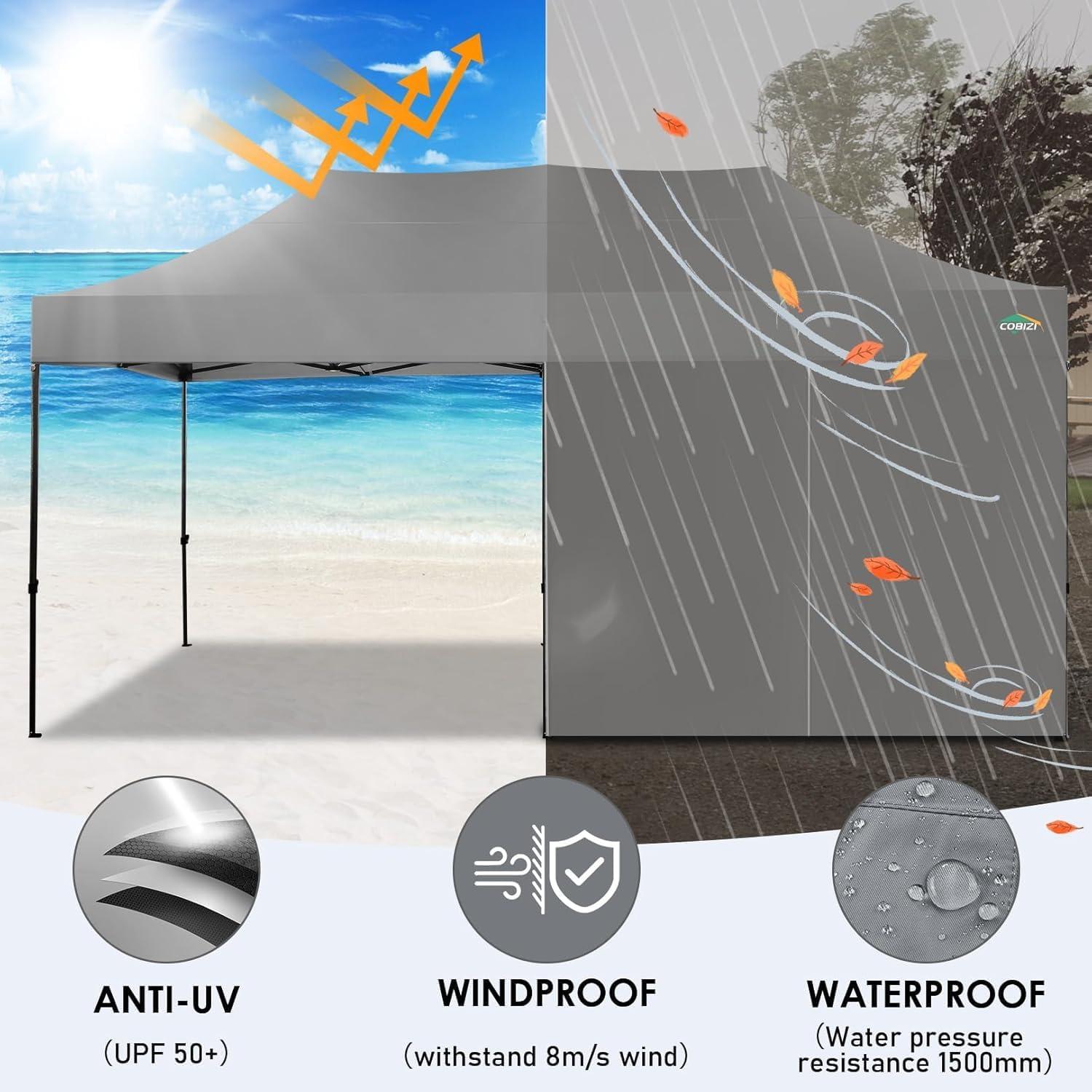 image:imageCOBIZI 10x20 Heavy Duty Pop up Canopy Tent with 6 sidewalls Easy Up Commercial Outdoor Canopy Wedding Party Tents for Parties All Season Wind amp Waterproof Gazebo with Roller BagGreyFrame ThickenedLight Grey