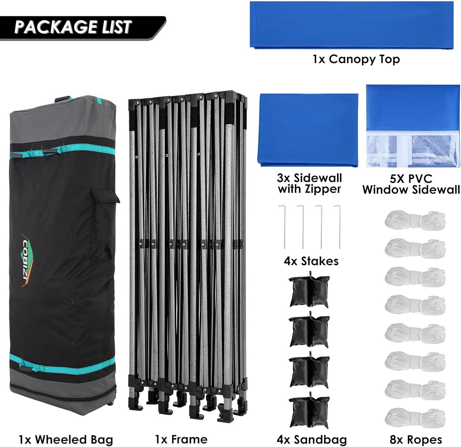 image:imageCOBIZI 10x20 Heavy Duty Pop up Canopy Tent with 6 sidewalls Easy Up Commercial Outdoor Canopy Wedding Party Tents for Parties All Season Wind amp Waterproof Gazebo with Roller BagGreyFrame ThickenedBlue