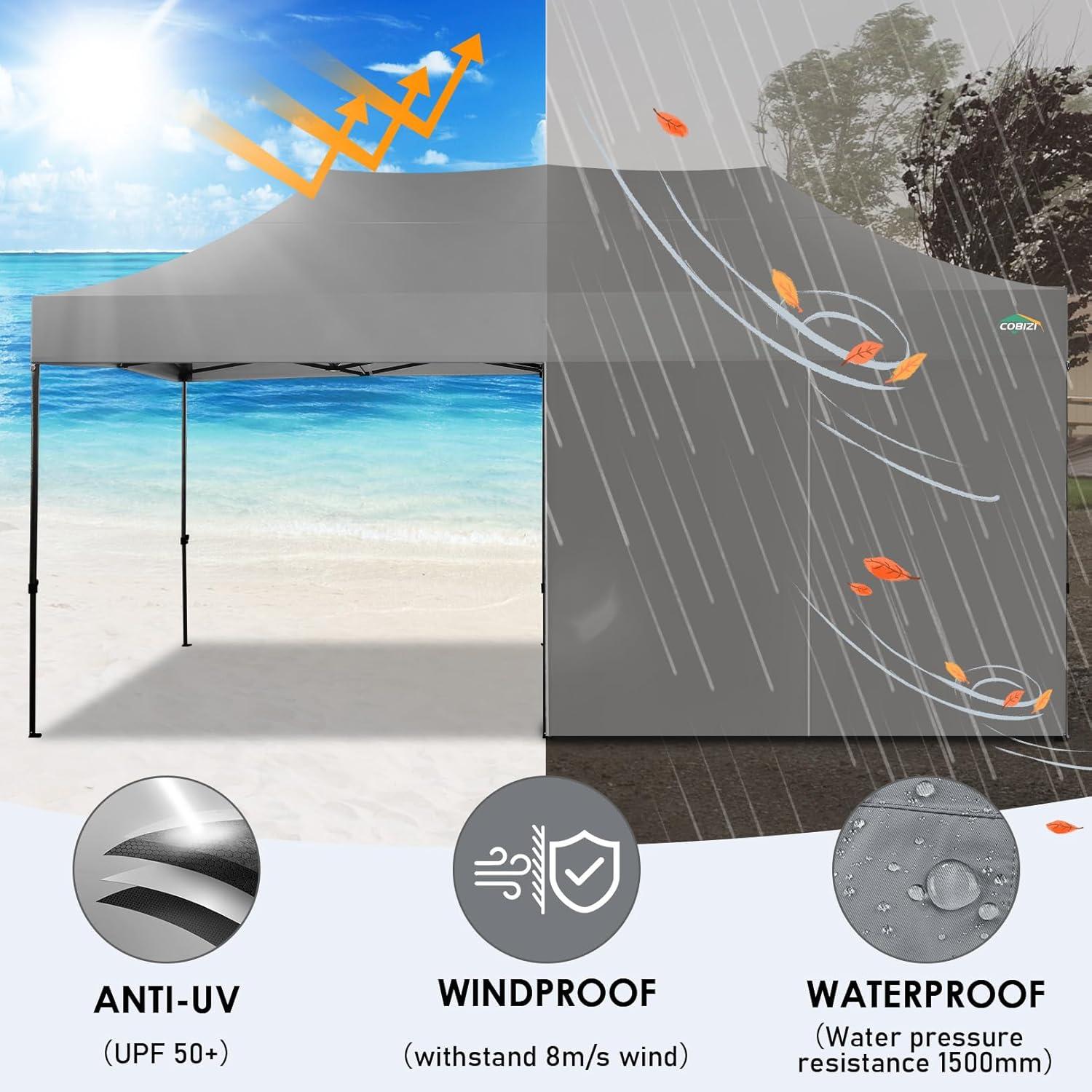 image:imageCOBIZI 10x20 Heavy Duty Pop up Canopy Tent with 6 sidewalls Easy Up Commercial Outdoor Canopy Wedding Party Tents for Parties All Season Wind amp Waterproof Gazebo with Roller BagGreyFrame ThickenedGray