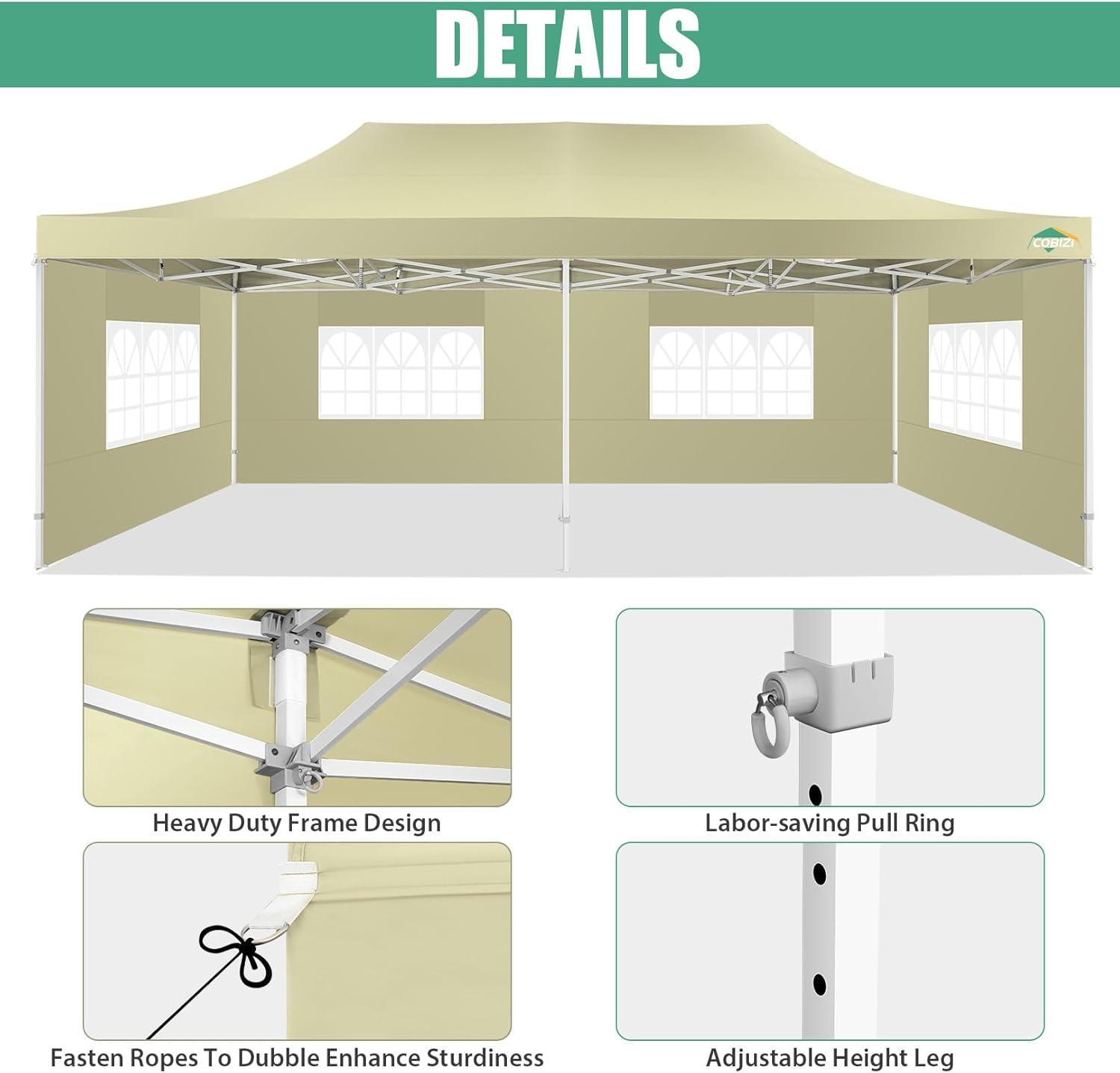 image:imageCOBIZI 10x20 Heavy Duty Pop up Canopy Tent with 6 sidewalls Easy Up Commercial Outdoor Canopy Wedding Party Tents for Parties All Season Wind amp Waterproof Gazebo with Roller BagGreyFrame ThickenedKhaki