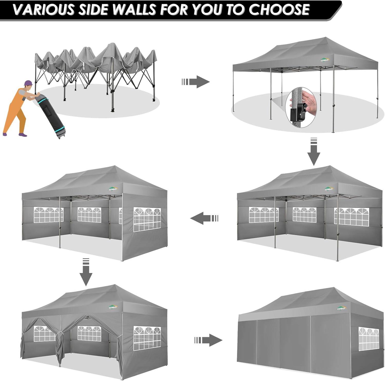 image:imageCOBIZI 10x20 Heavy Duty Pop up Canopy Tent with 6 sidewalls Easy Up Commercial Outdoor Canopy Wedding Party Tents for Parties All Season Wind amp Waterproof Gazebo with Roller BagGreyFrame ThickenedGray