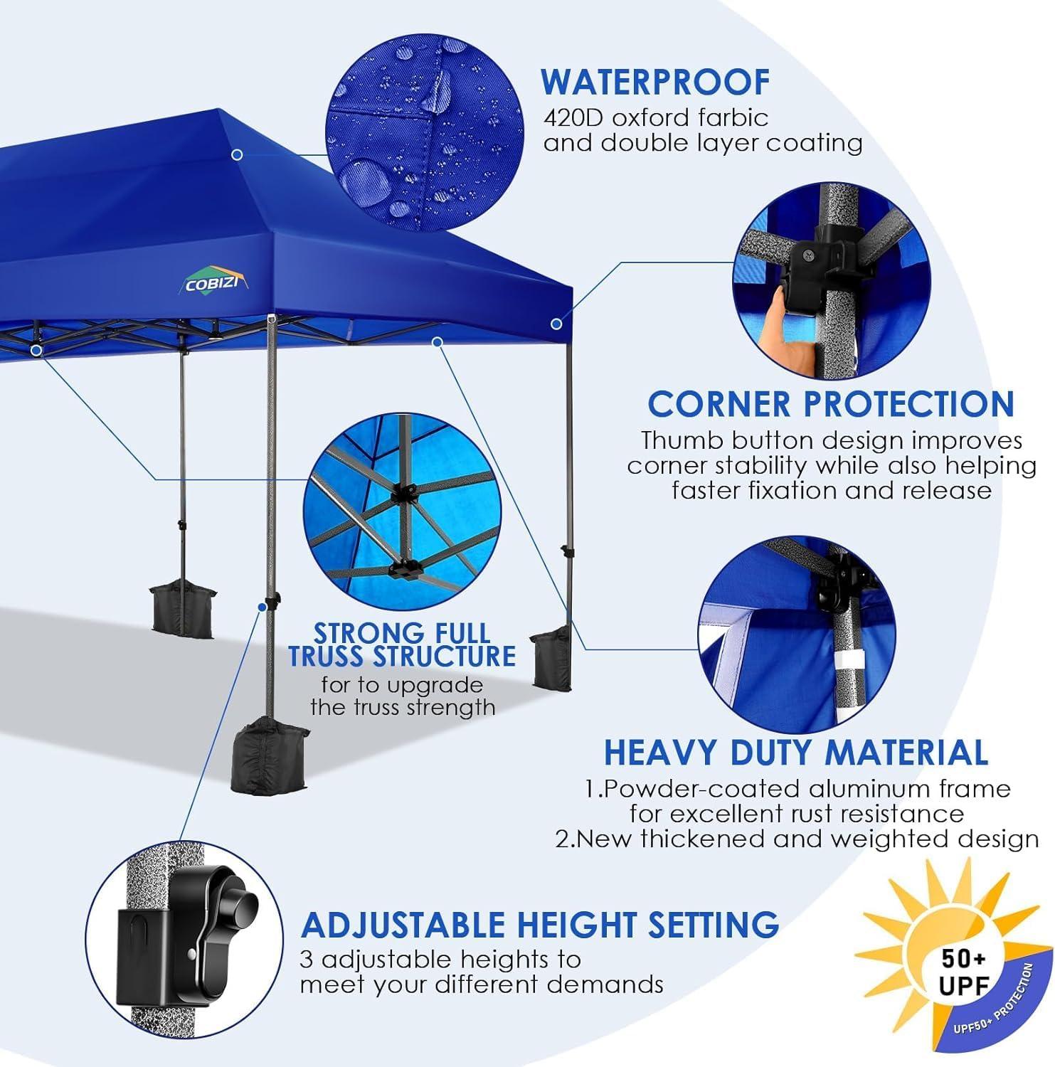 image:imageCOBIZI 10x20 Heavy Duty Pop up Canopy Tent with 6 sidewalls Easy Up Commercial Outdoor Canopy Wedding Party Tents for Parties All Season Wind amp Waterproof Gazebo with Roller BagGreyFrame ThickenedDark Blue