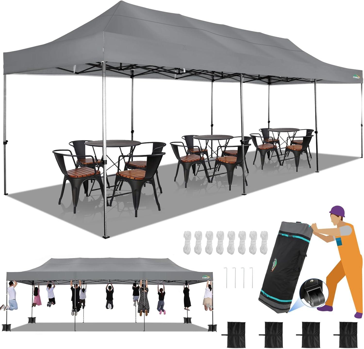 image:imageCOBIZI 10x20 Heavy Duty Pop up Canopy Tent with 6 sidewalls Easy Up Commercial Outdoor Canopy Wedding Party Tents for Parties All Season Wind amp Waterproof Gazebo with Roller BagGreyFrame ThickenedGray