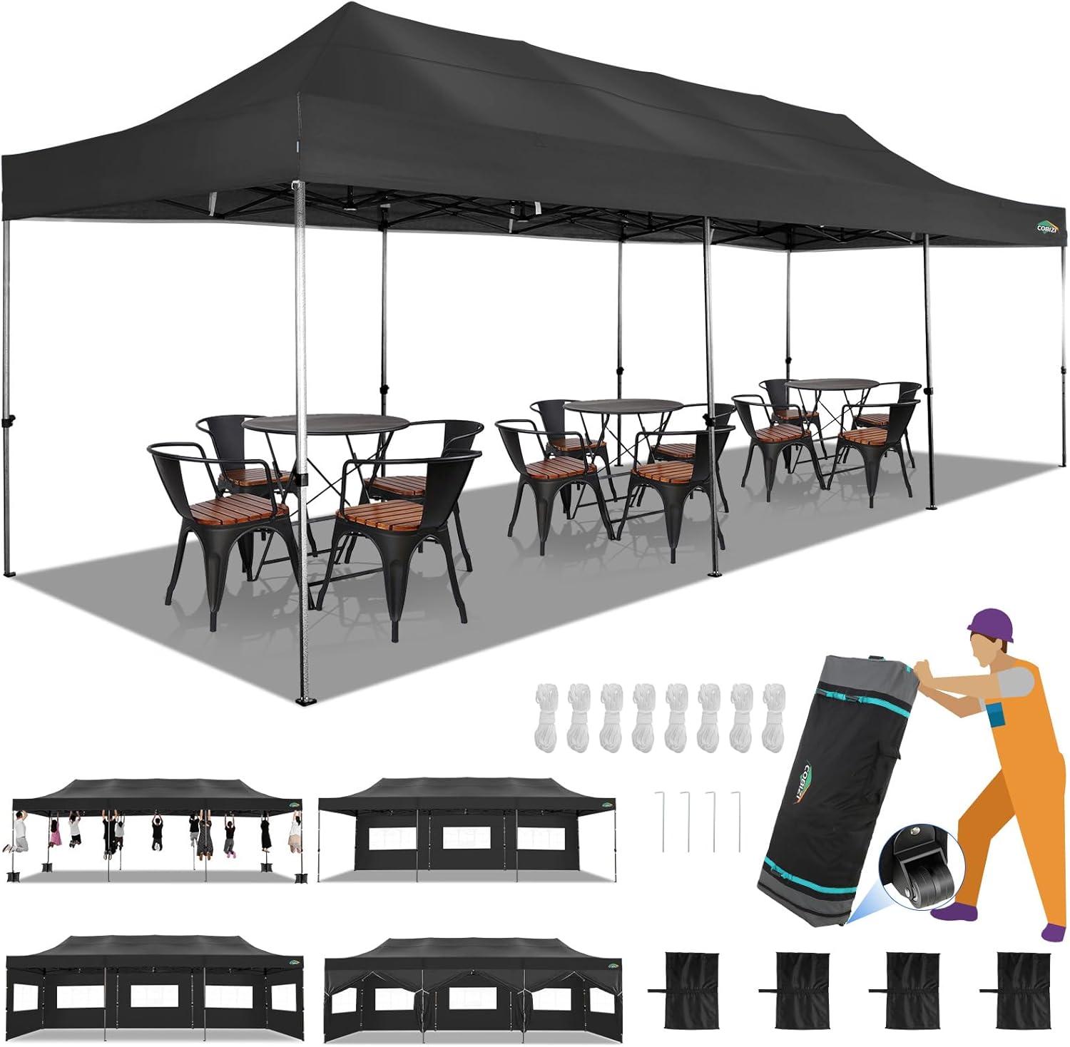 image:imageCOBIZI 10x20 Heavy Duty Pop up Canopy Tent with 6 sidewalls Easy Up Commercial Outdoor Canopy Wedding Party Tents for Parties All Season Wind amp Waterproof Gazebo with Roller BagGreyFrame ThickenedBlack