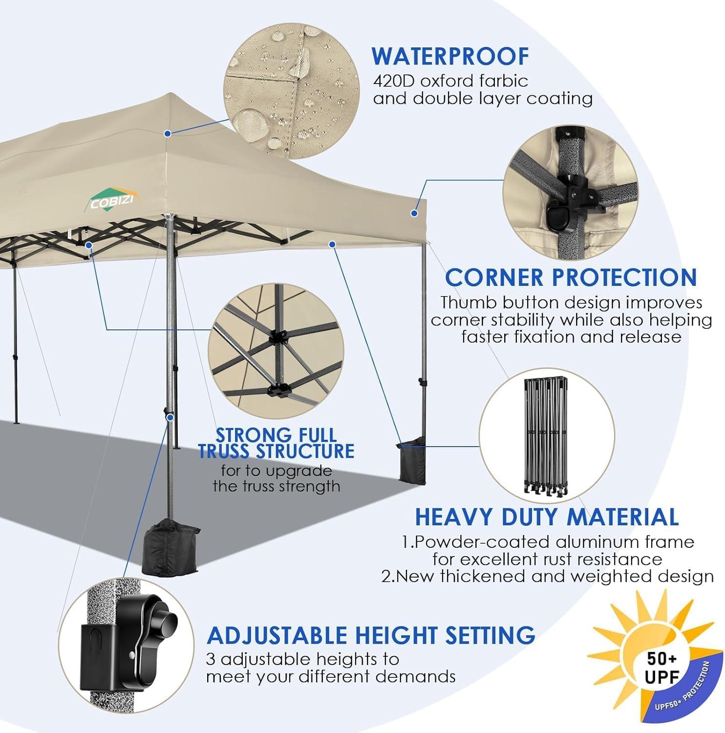 image:imageCOBIZI 10x20 Heavy Duty Pop up Canopy Tent with 6 sidewalls Easy Up Commercial Outdoor Canopy Wedding Party Tents for Parties All Season Wind amp Waterproof Gazebo with Roller BagGreyFrame ThickenedKhaki