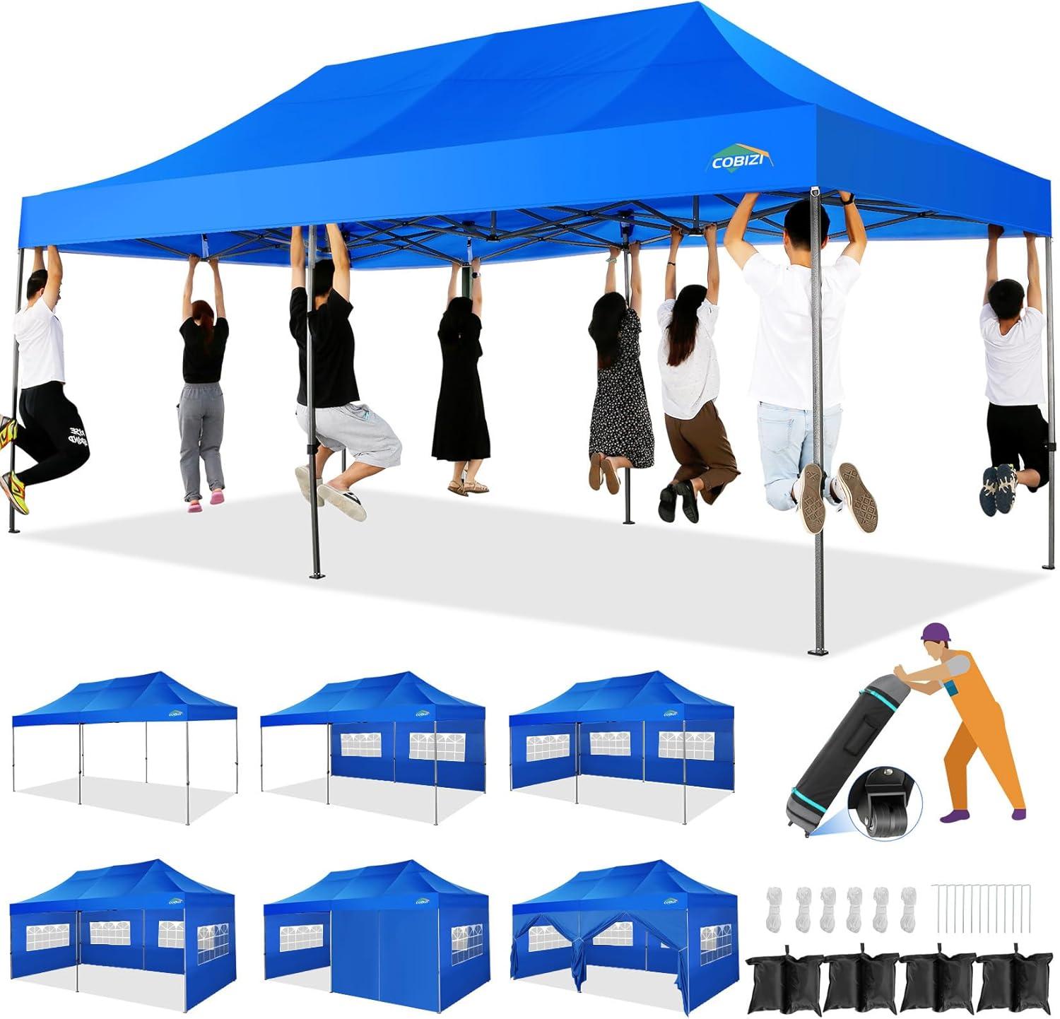 image:imageCOBIZI 10x20 Heavy Duty Pop up Canopy Tent with 6 sidewalls Easy Up Commercial Outdoor Canopy Wedding Party Tents for Parties All Season Wind amp Waterproof Gazebo with Roller BagGreyFrame ThickenedBlue