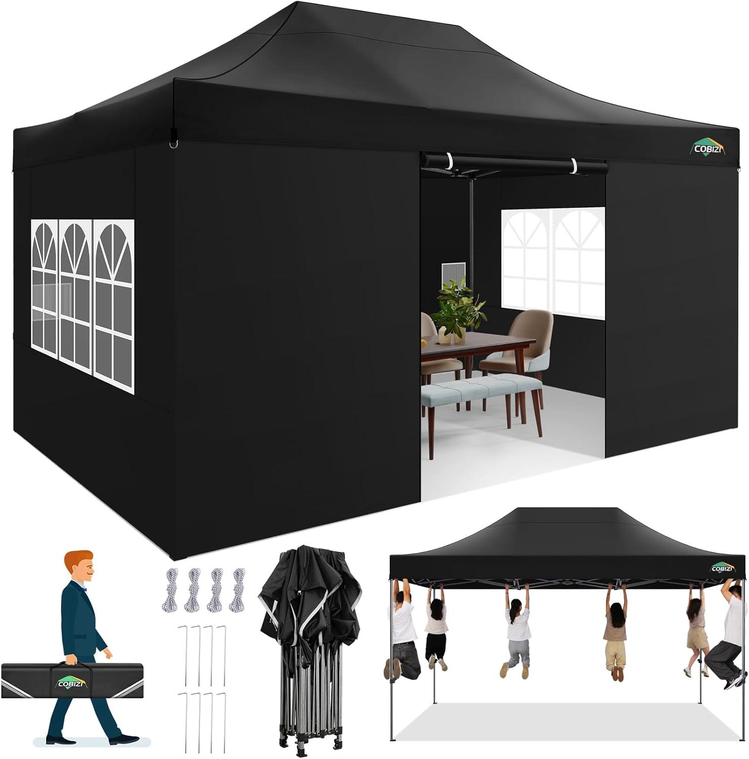 image:imageCOBIZI 10x20 Heavy Duty Pop up Canopy Tent with 6 sidewalls Easy Up Commercial Outdoor Canopy Wedding Party Tents for Parties All Season Wind amp Waterproof Gazebo with Roller BagGreyFrame ThickenedBlack