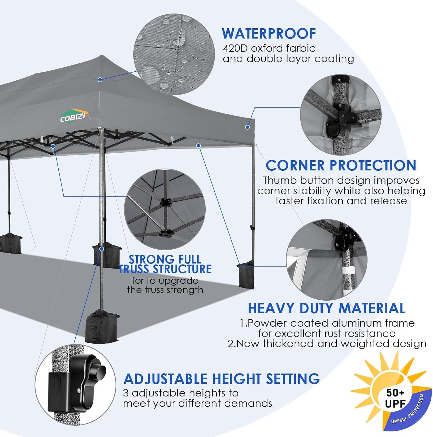 image:imageCOBIZI 10x20 Heavy Duty Pop up Canopy Tent with 6 sidewalls Easy Up Commercial Outdoor Canopy Wedding Party Tents for Parties All Season Wind amp Waterproof Gazebo with Roller BagGreyFrame ThickenedGray