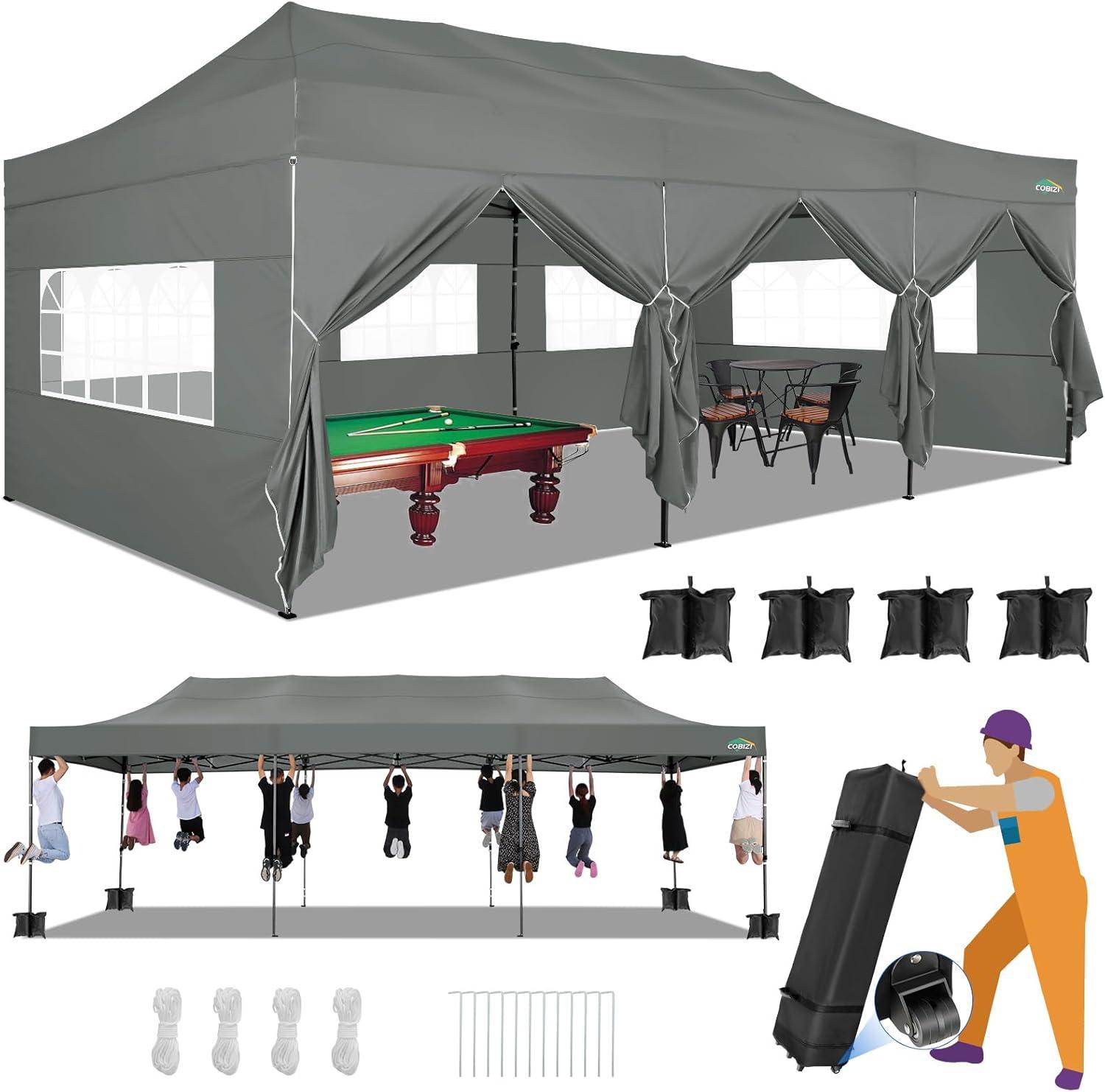 image:imageCOBIZI 10x20 Heavy Duty Pop up Canopy Tent with 6 sidewalls Easy Up Commercial Outdoor Canopy Wedding Party Tents for Parties All Season Wind amp Waterproof Gazebo with Roller BagGreyFrame ThickenedLight Grey