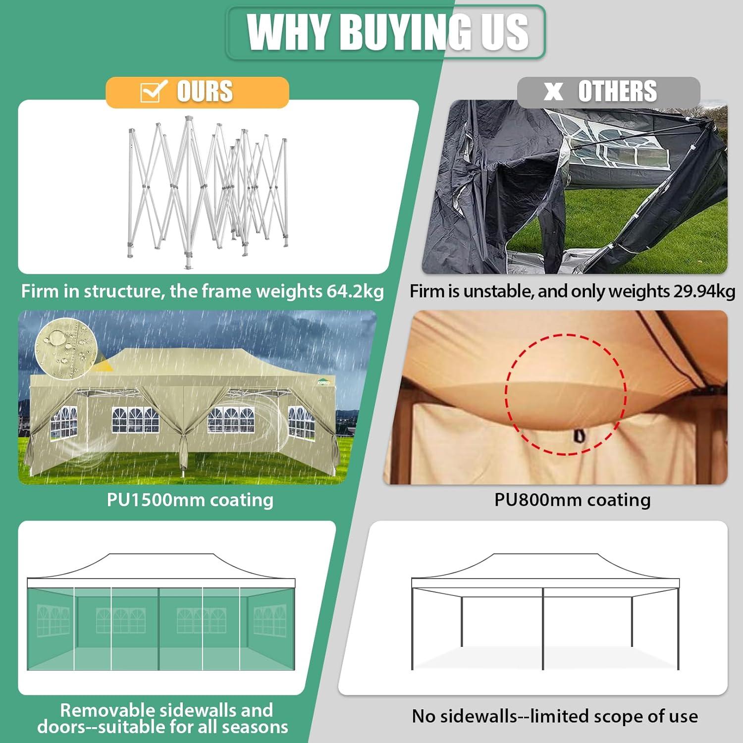 image:imageCOBIZI 10x20 Heavy Duty Pop up Canopy Tent with 6 sidewalls Easy Up Commercial Outdoor Canopy Wedding Party Tents for Parties All Season Wind amp Waterproof Gazebo with Roller BagGreyFrame ThickenedKhaki