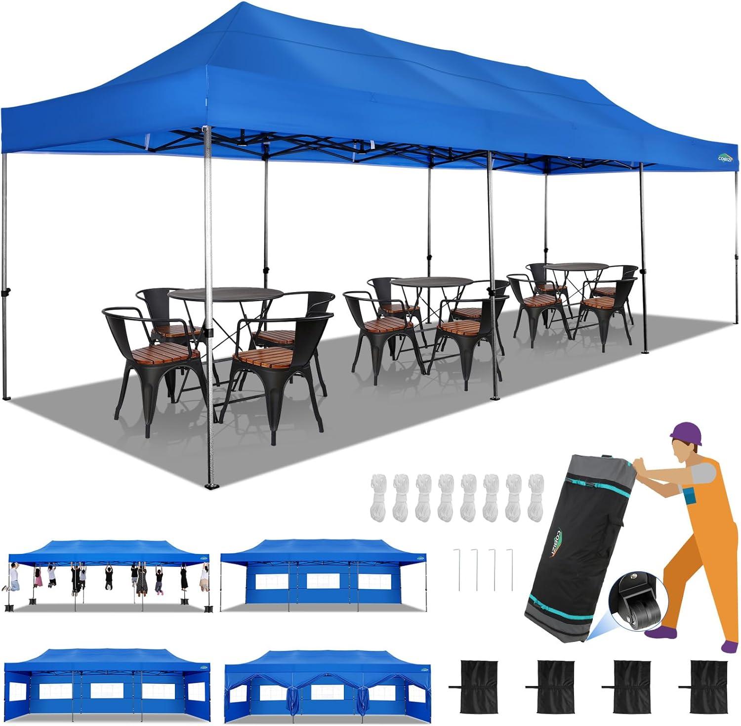 image:imageCOBIZI 10x20 Heavy Duty Pop up Canopy Tent with 6 sidewalls Easy Up Commercial Outdoor Canopy Wedding Party Tents for Parties All Season Wind amp Waterproof Gazebo with Roller BagGreyFrame ThickenedBlue