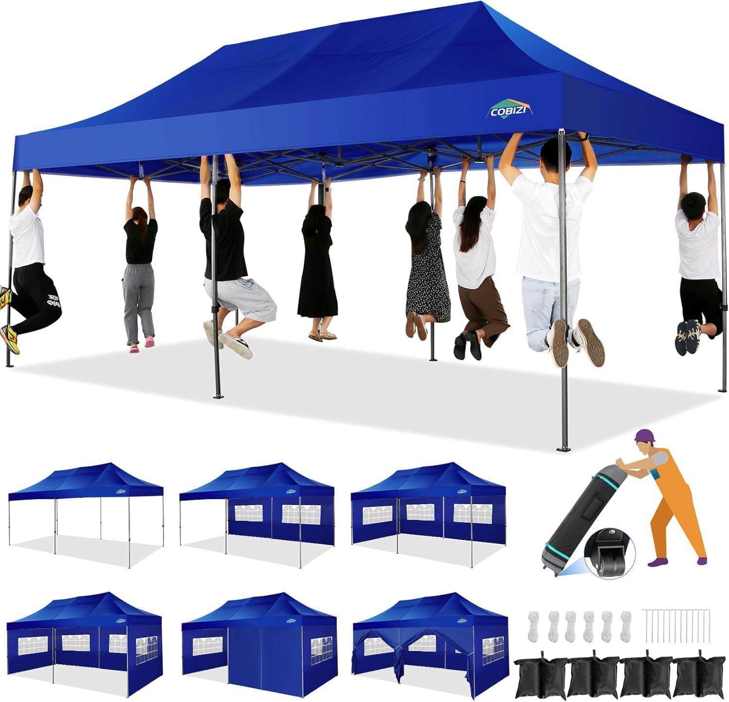 image:imageCOBIZI 10x20 Heavy Duty Pop up Canopy Tent with 6 sidewalls Easy Up Commercial Outdoor Canopy Wedding Party Tents for Parties All Season Wind amp Waterproof Gazebo with Roller BagGreyFrame ThickenedDark Blue