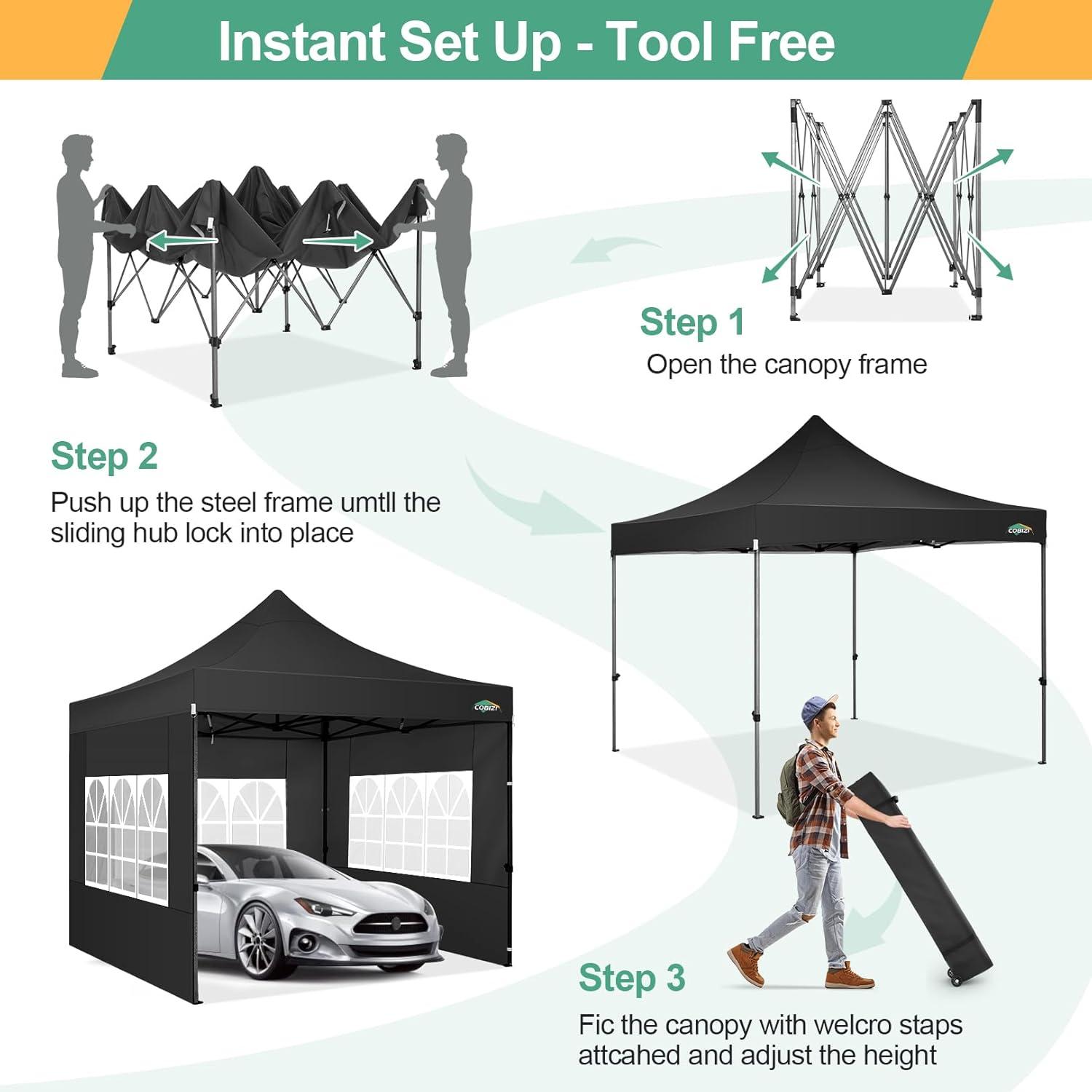 image:imageCOBIZI 10x20 Heavy Duty Pop up Canopy Tent with 6 sidewalls Easy Up Commercial Outdoor Canopy Wedding Party Tents for Parties All Season Wind amp Waterproof Gazebo with Roller BagGreyFrame ThickenedBlack