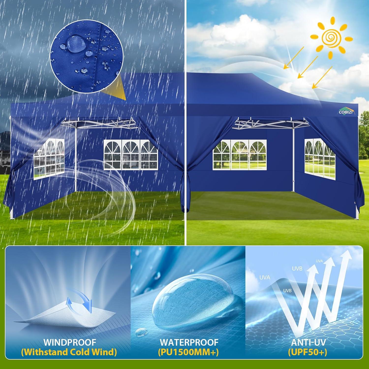 image:imageCOBIZI 10x20 Heavy Duty Pop up Canopy Tent with 6 sidewalls Easy Up Commercial Outdoor Canopy Wedding Party Tents for Parties All Season Wind amp Waterproof Gazebo with Roller BagGreyFrame ThickenedDark Blue