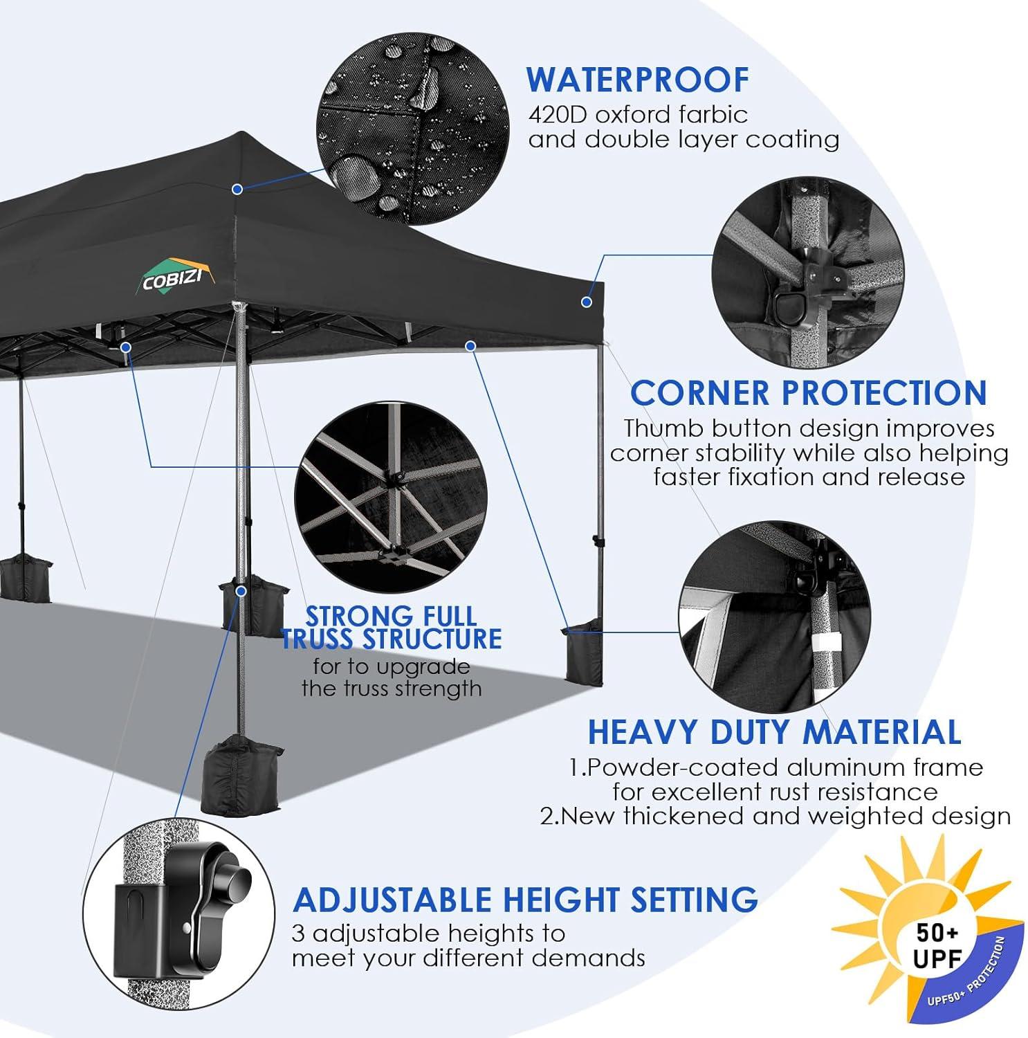 image:imageCOBIZI 10x20 Heavy Duty Pop up Canopy Tent with 6 sidewalls Easy Up Commercial Outdoor Canopy Wedding Party Tents for Parties All Season Wind amp Waterproof Gazebo with Roller BagGreyFrame ThickenedBlack