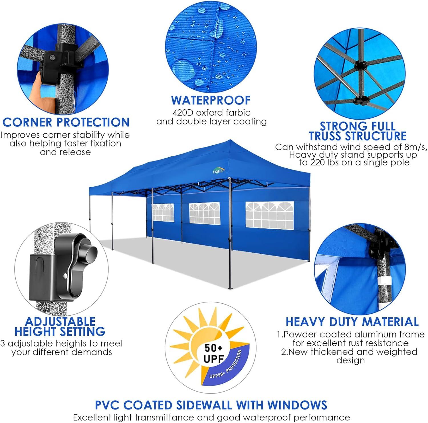 image:imageCOBIZI 10x20 Heavy Duty Pop up Canopy Tent with 6 sidewalls Easy Up Commercial Outdoor Canopy Wedding Party Tents for Parties All Season Wind amp Waterproof Gazebo with Roller BagGreyFrame ThickenedBlue