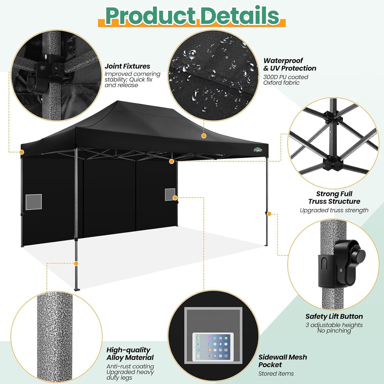 image:imageCOBIZI 10x20 Heavy Duty Pop up Canopy Tent with 6 sidewalls Easy Up Commercial Outdoor Canopy Wedding Party Tents for Parties All Season Wind amp Waterproof Gazebo with Roller BagGreyFrame ThickenedBlack