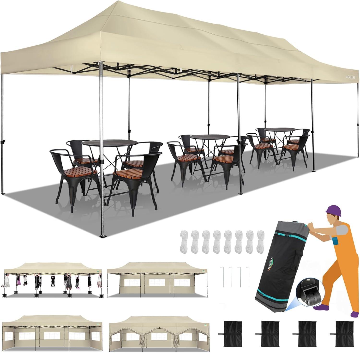 image:imageCOBIZI 10x20 Heavy Duty Pop up Canopy Tent with 6 sidewalls Easy Up Commercial Outdoor Canopy Wedding Party Tents for Parties All Season Wind amp Waterproof Gazebo with Roller BagGreyFrame ThickenedKhaki