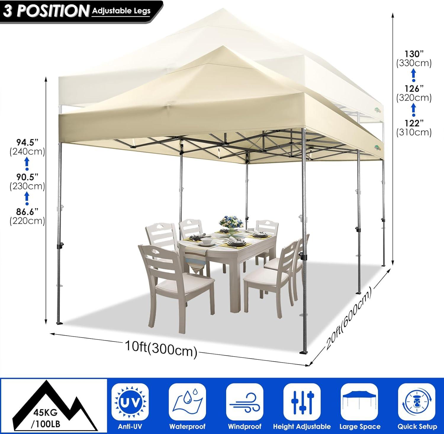 image:imageCOBIZI 10x20 Heavy Duty Pop up Canopy Tent with 6 sidewalls Easy Up Commercial Outdoor Canopy Wedding Party Tents for Parties All Season Wind amp Waterproof Gazebo with Roller BagGreyFrame ThickenedKhaki