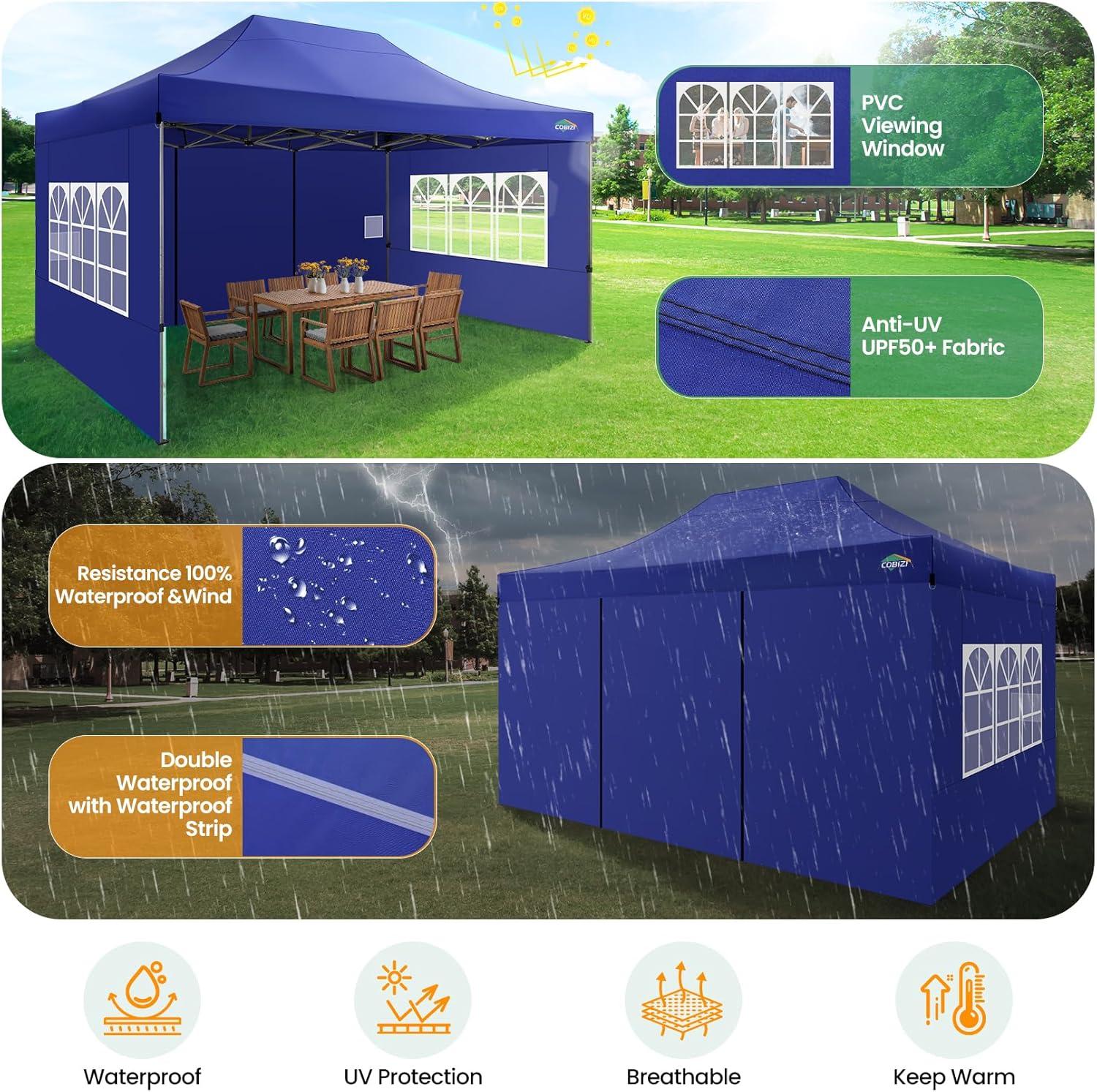 image:imageCOBIZI 10x20 Heavy Duty Pop up Canopy Tent with 6 sidewalls Easy Up Commercial Outdoor Canopy Wedding Party Tents for Parties All Season Wind amp Waterproof Gazebo with Roller BagGreyFrame ThickenedDark Blue