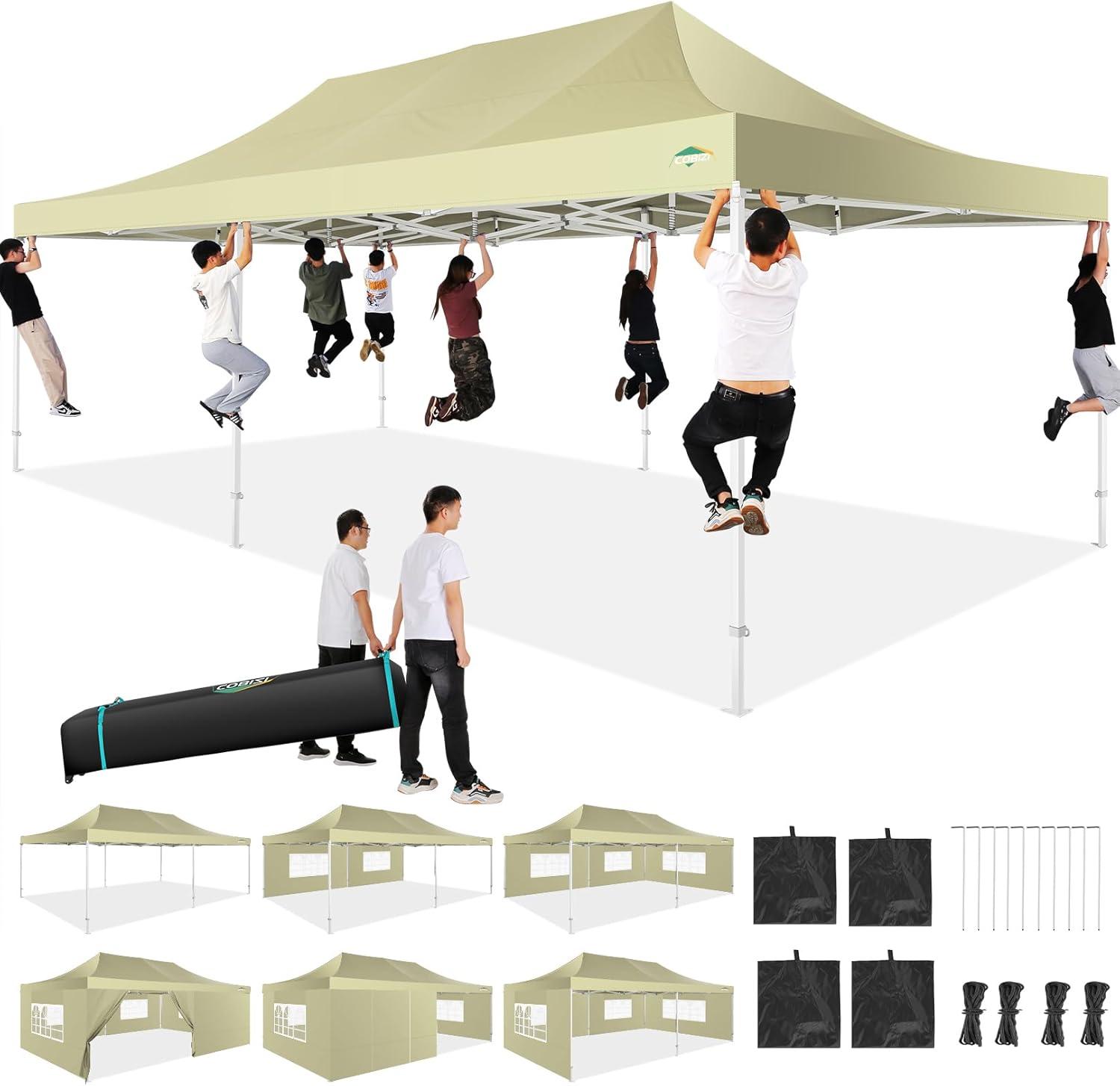 image:imageCOBIZI 10x20 Heavy Duty Pop up Canopy Tent with 6 sidewalls Easy Up Commercial Outdoor Canopy Wedding Party Tents for Parties All Season Wind amp Waterproof Gazebo with Roller BagGreyFrame ThickenedKhaki