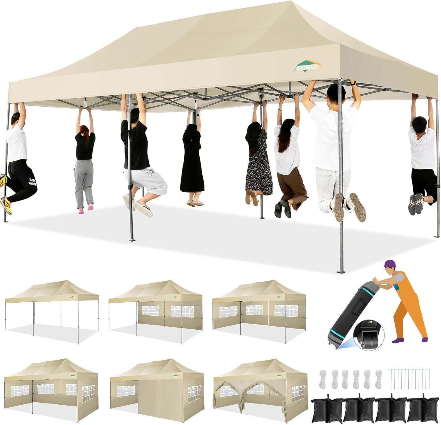 image:imageCOBIZI 10x20 Heavy Duty Pop up Canopy Tent with 6 sidewalls Easy Up Commercial Outdoor Canopy Wedding Party Tents for Parties All Season Wind amp Waterproof Gazebo with Roller BagGreyFrame ThickenedKhaki
